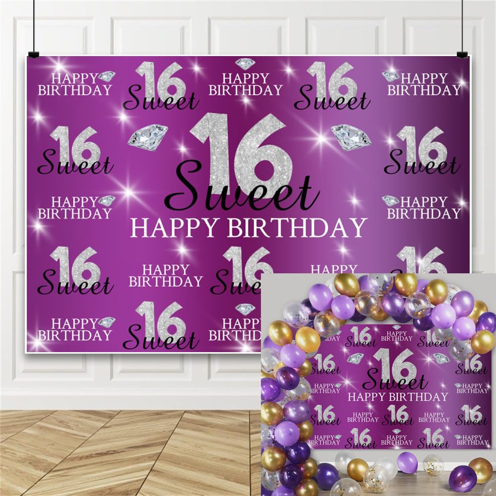 shensu Vinyl 10x8ft Sweet 16 Happy Birthday Backdrop for Photoshoot Shiny Diamonds Purple Photo Background Kids Boys Girls 16th Birthday Party Cake
