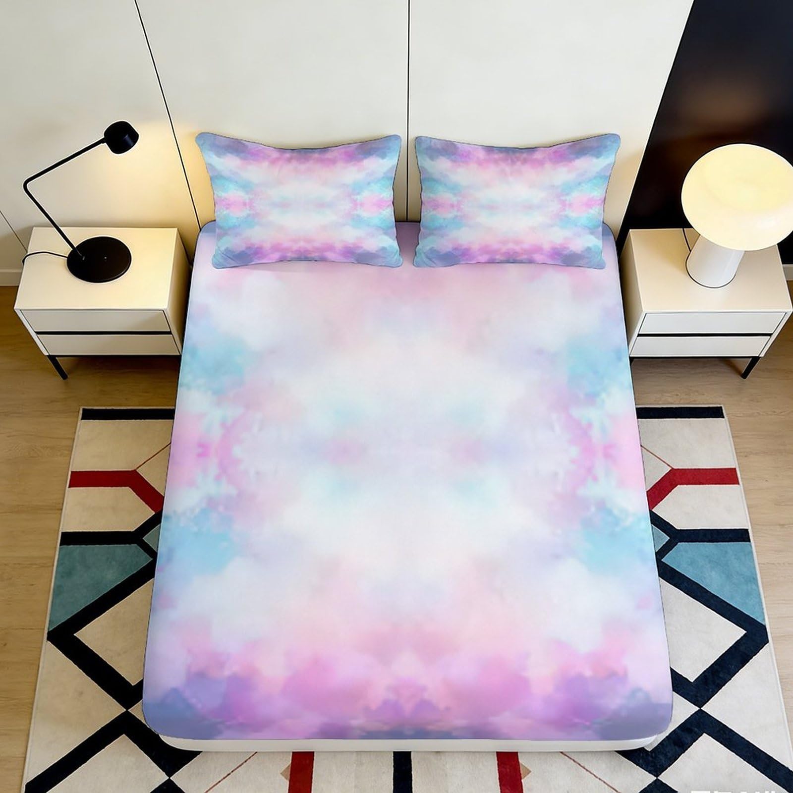 3D Printed Pastel Clouds Fitted Sheet Microfiber Soft Breathable Watercolor Mattress Cover for Bedroom Dormitory Guest Room Mattress Protection Decor 140x200x25cm