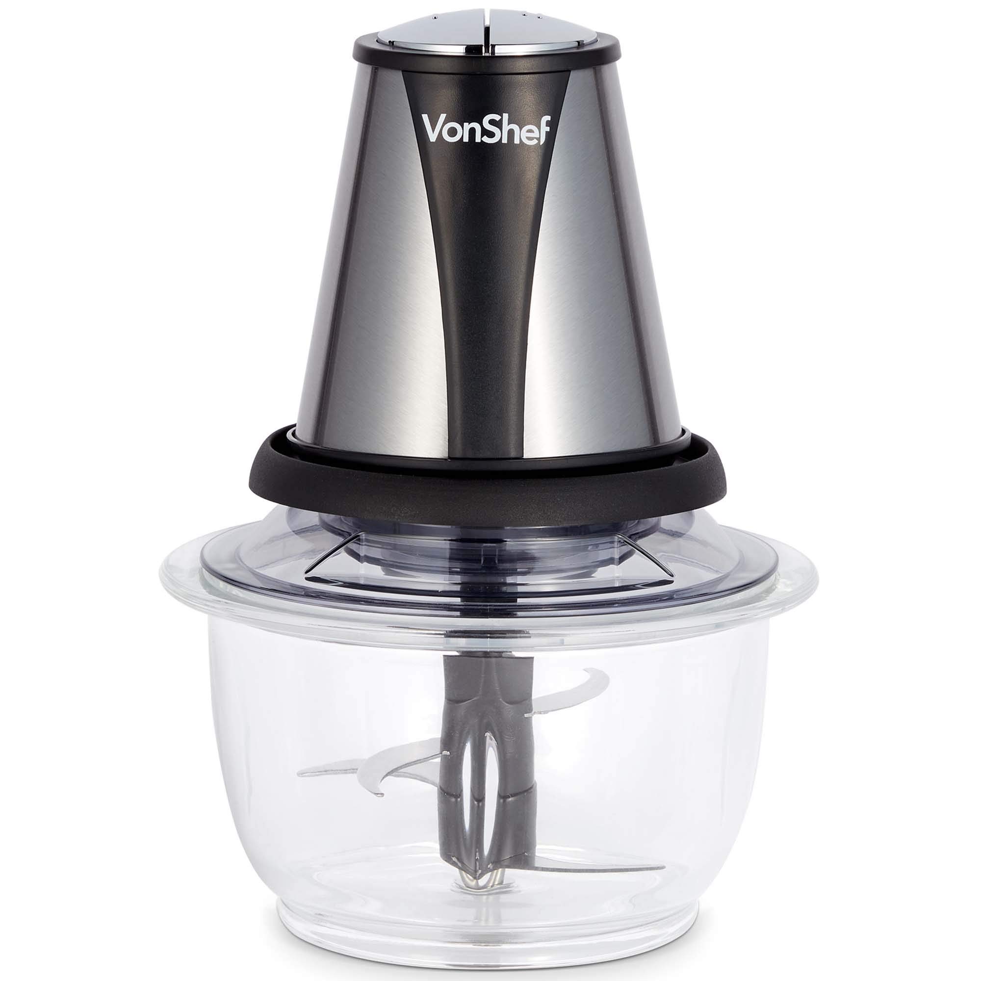 VonShef Mini Picadora Eléctrica - Rápida y Eficiente con 2 Niveles de Velocidad y Recipiente de Vidrio de 1.2L para Hacer Puré y Mezclar Ensaladas, Sopas, Salsas, Alimentos para Bebés y Frutas