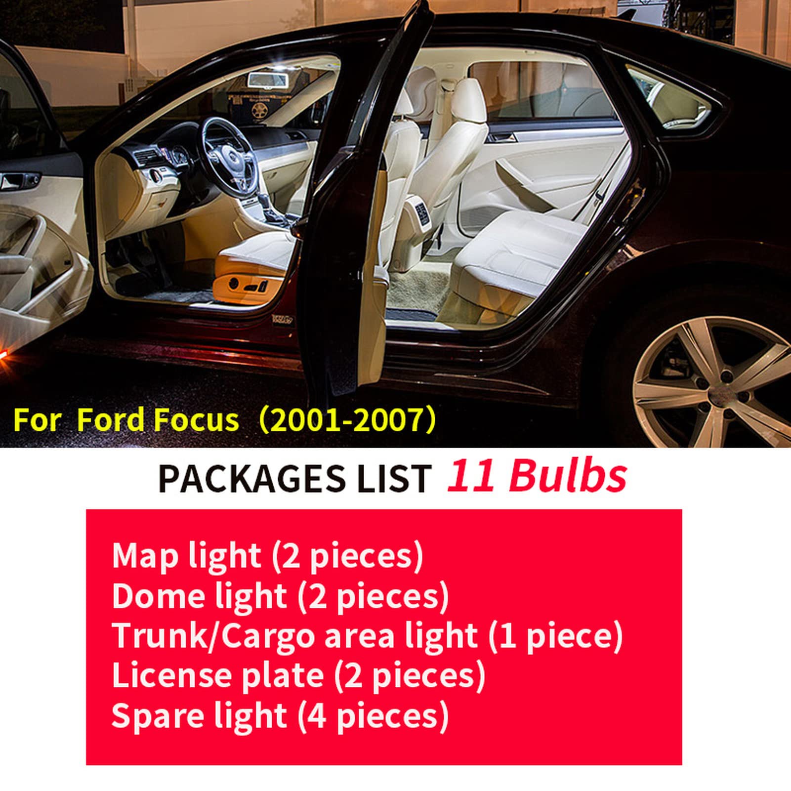 11 pièces Kit d'emballage intérieur d'ampoules LED de Voiture Ultra Lumineuses, pour Ford Focus 2001-2007 Canbus Carte dôme Coffre Lampe de Plaque d'immatriculation