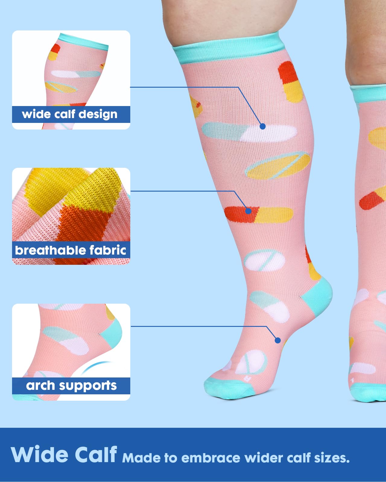 Lalapapa 3Pairs Wide Calf Compression Socks for Women - 15-20mmHg with Graduated Circulation Support for Nurse Travel Pregnant, Cute, L/XL