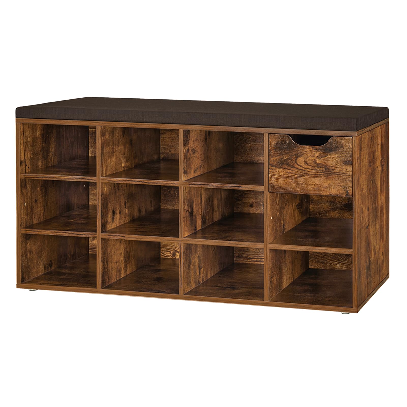 DINZI LVJ Shoe Storage Bench With Cushion - 31.5"L Entryway Organizer, 6-Cubby, Rustic Brown