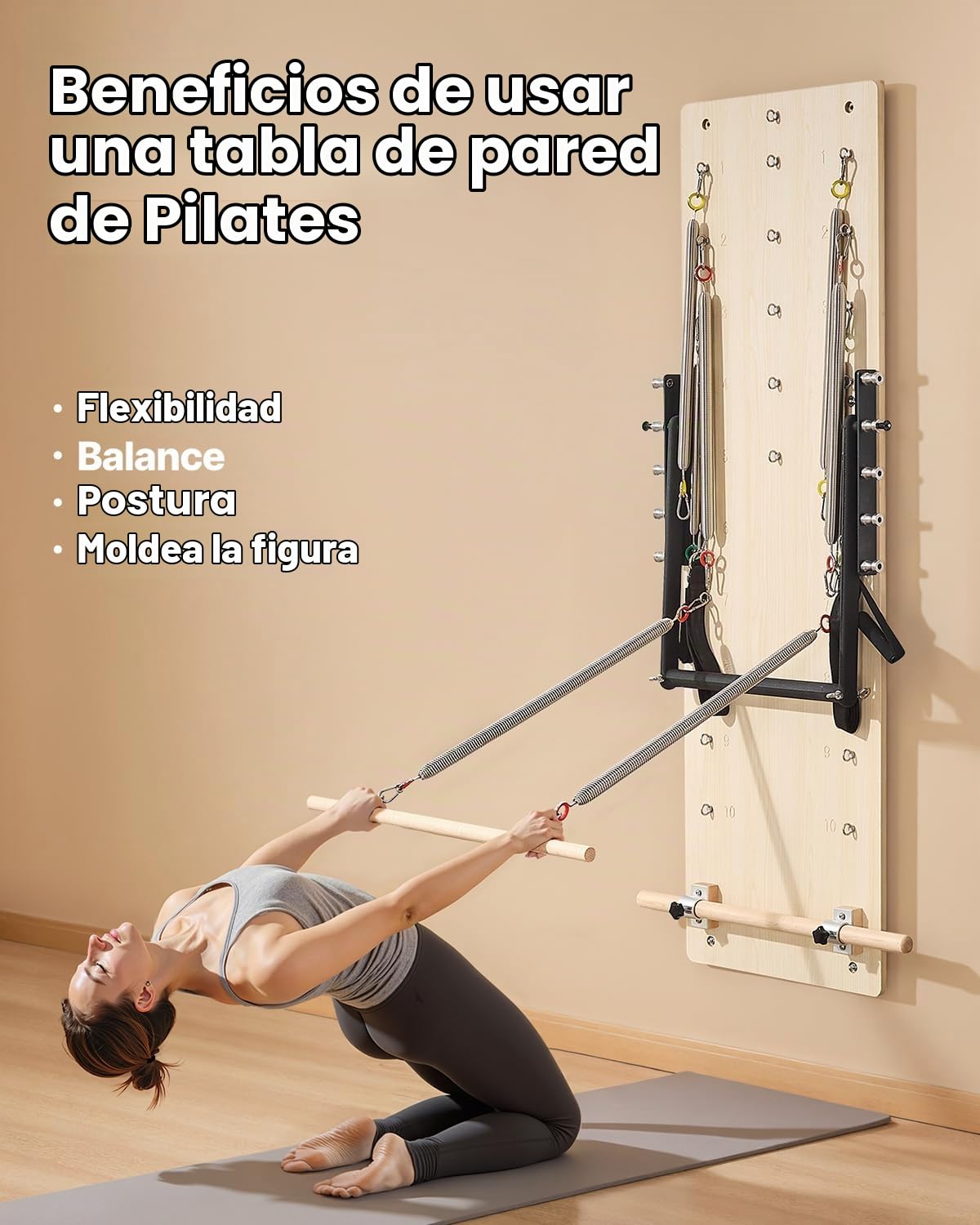 VEVOR Máquina de Pilates Reformer de Pared, Trampolín de Pilates de Madera de Arce, con Resortes de Resistencia, para Flexibilidad y Equilibrio en Gimnasio en Casa, 1830 x 560 x (800) x 620 mm