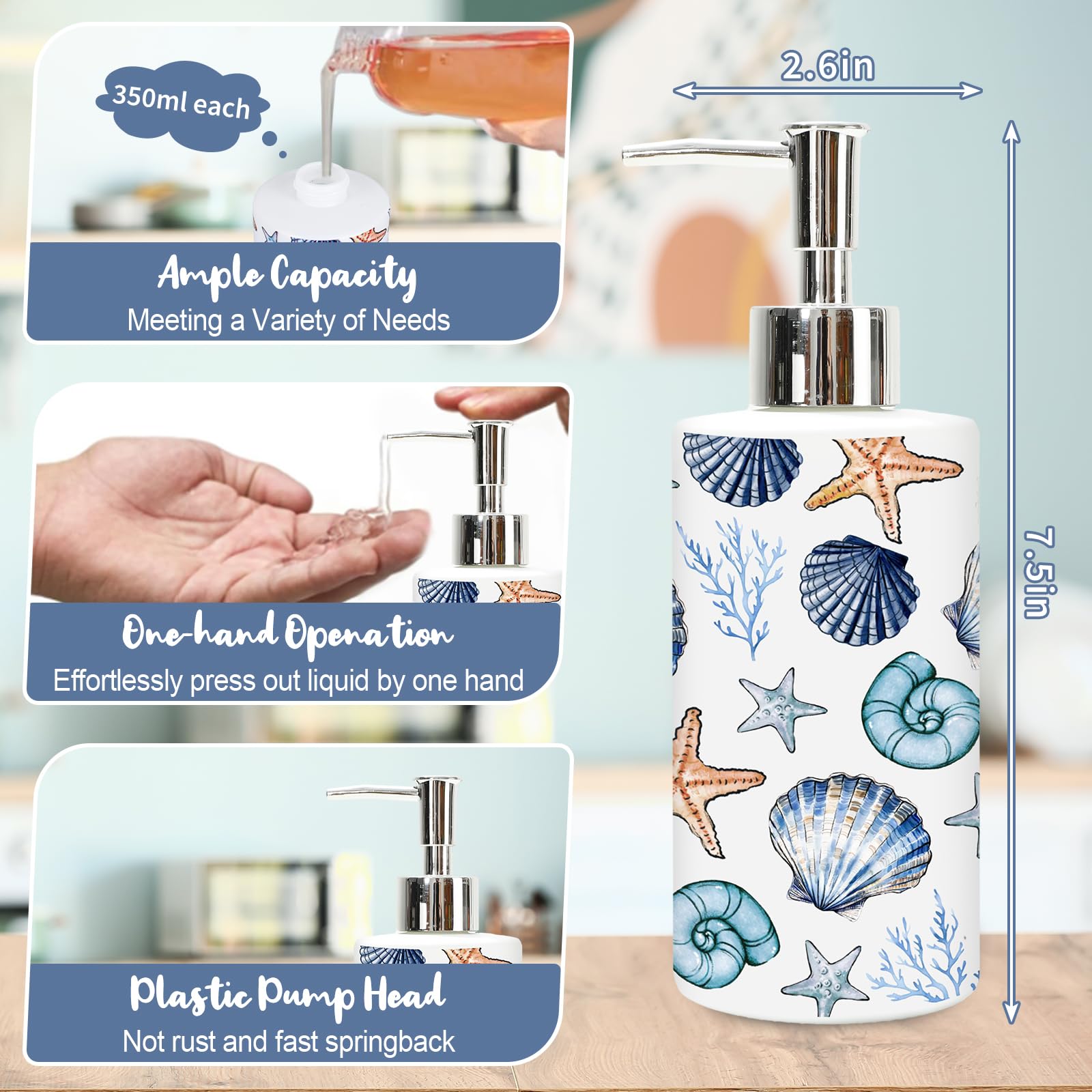 JarThenaAMCS Summer Ocean Seifenspender Glasspender mit Pumpe, nachfüllbar, Muschel, Seestern, Koralle, Flüssigseifenbehälter für Küste, Strand, Zuhause, Küche, Badezimmer, Arbeitsplatte