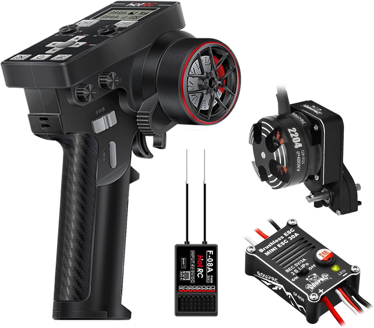 GOUPRC Racing RC Transmitter 8 Channels 2.4GHz and Receiver with 2204 2400KV Brushless Outrunner Transmission Motor & 30A Brushless Esc for SCX24 RC Crawler Axial 1/24 RC Car Crawler Blue