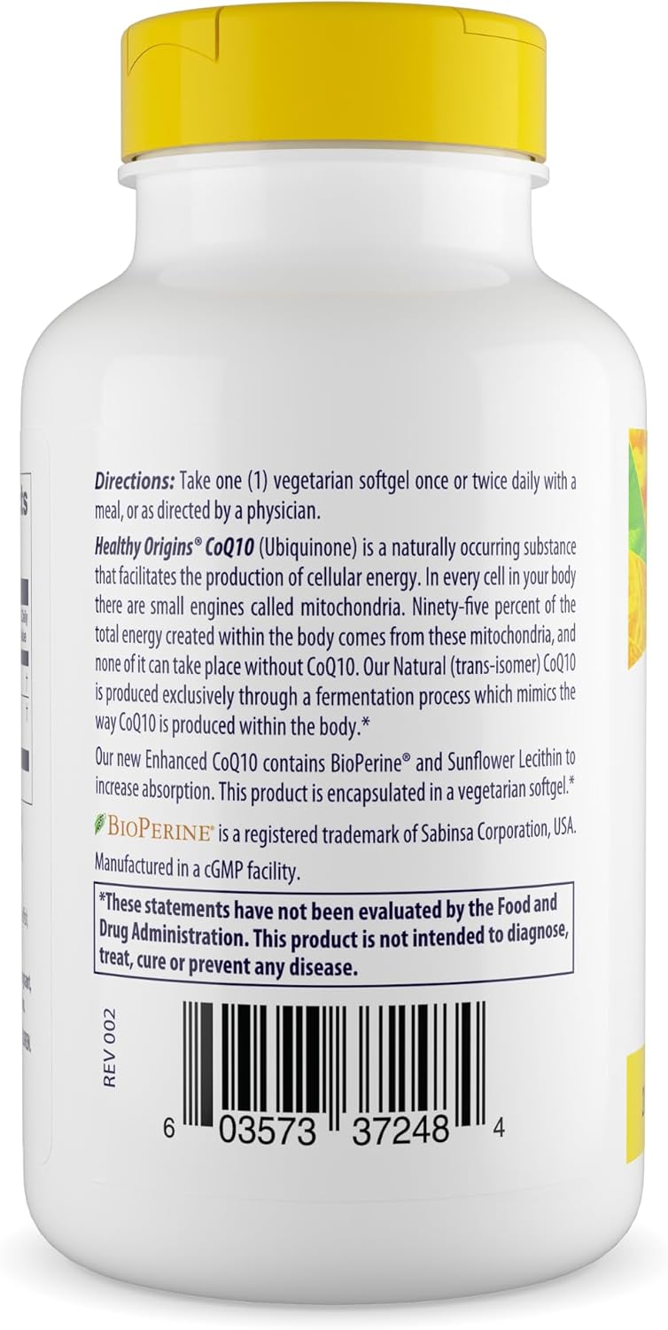 Healthy Origins Natural Enhanced CoQ10 (BioPerine®), 200 mg - Heart Health & Energy Supplement - Gluten-Free & Non-GMO Supplements, with BioPerine & Sunflower Lecithin ((Pack of 1) 60 Veggie Gels) - Image 2