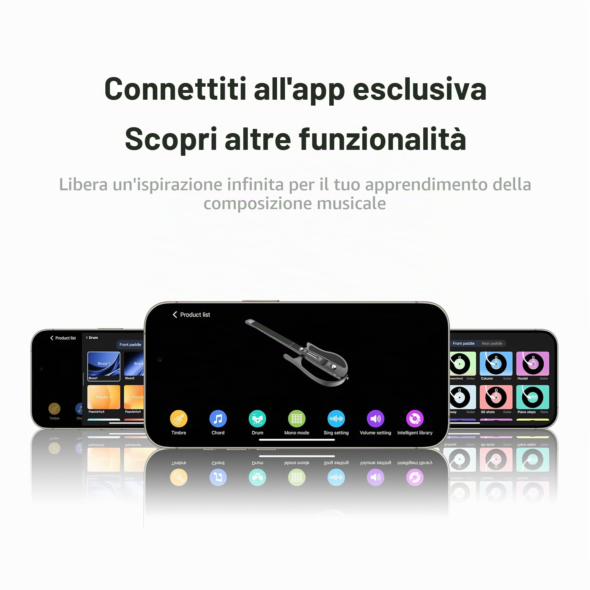Chitarra intelligente senza corda, portatile e pieghevole con controllo app, generatore di accordi, batteria integrata e altoparlante, 100 toni sonori per principianti e bande,