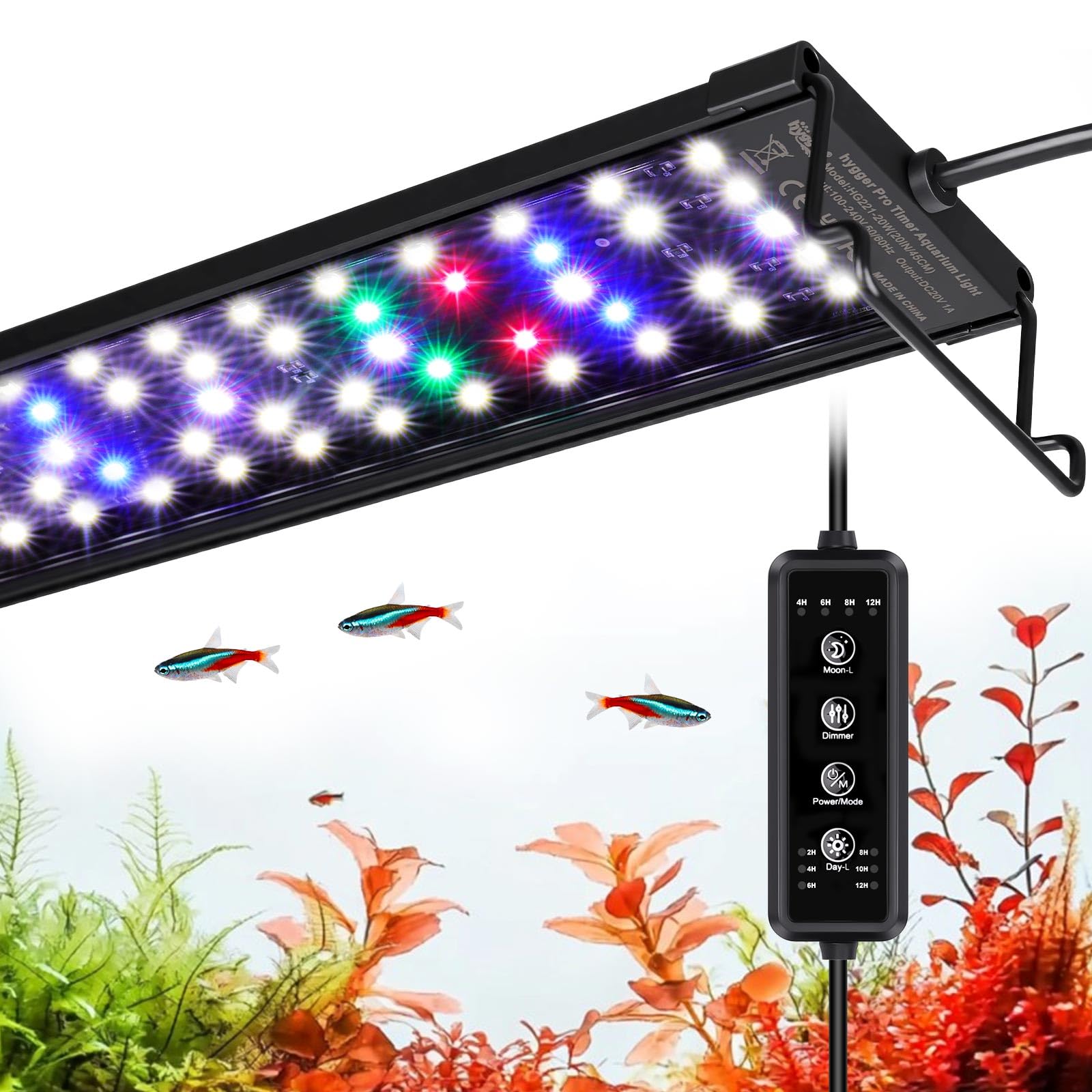 hygger LED Aquarium Light with Timer, 20W Full Spectrum Fish Tank Plant Growth Lamp, 24 H Remote Control, Adjustable Brightness & 10 Colors, Extendable Bracket, Power-Off Memory, Fits 18-24 Inch Tank