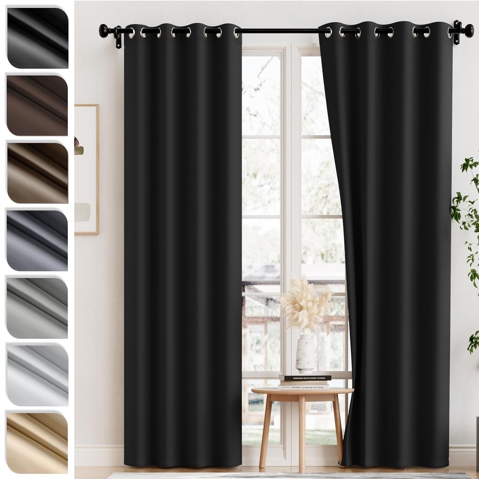 Rideau occultant 55 x 200 cm polyester noir doublé pour fenêtre de chambre et salon