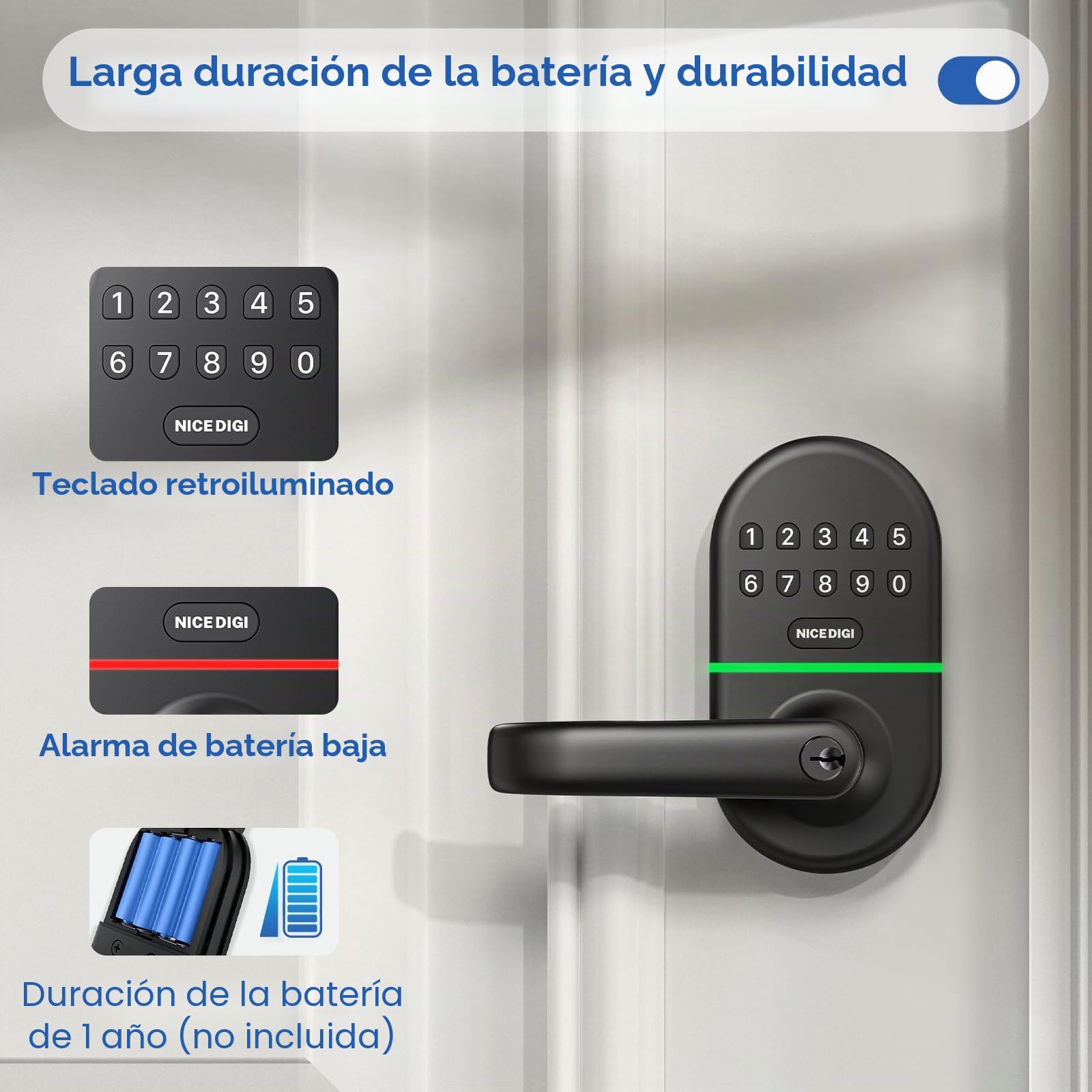 Cerradura de puerta NICE DIGI con teclado inteligente y asa: entrada sin llave, perilla de código electrónico, fácil instalación