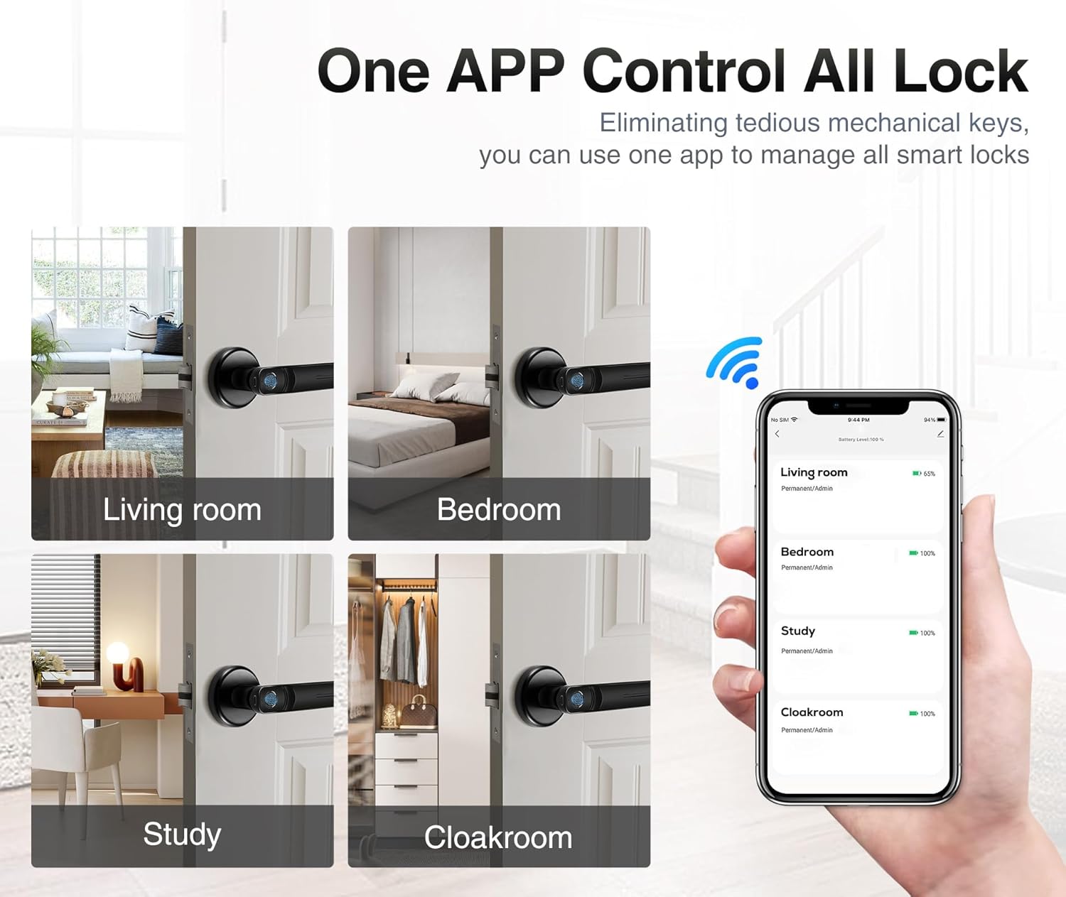 Screenshot of a mobile app interface showing control for multiple smart locks in different rooms like Living room, Bedroom, Study, Cloakroom.