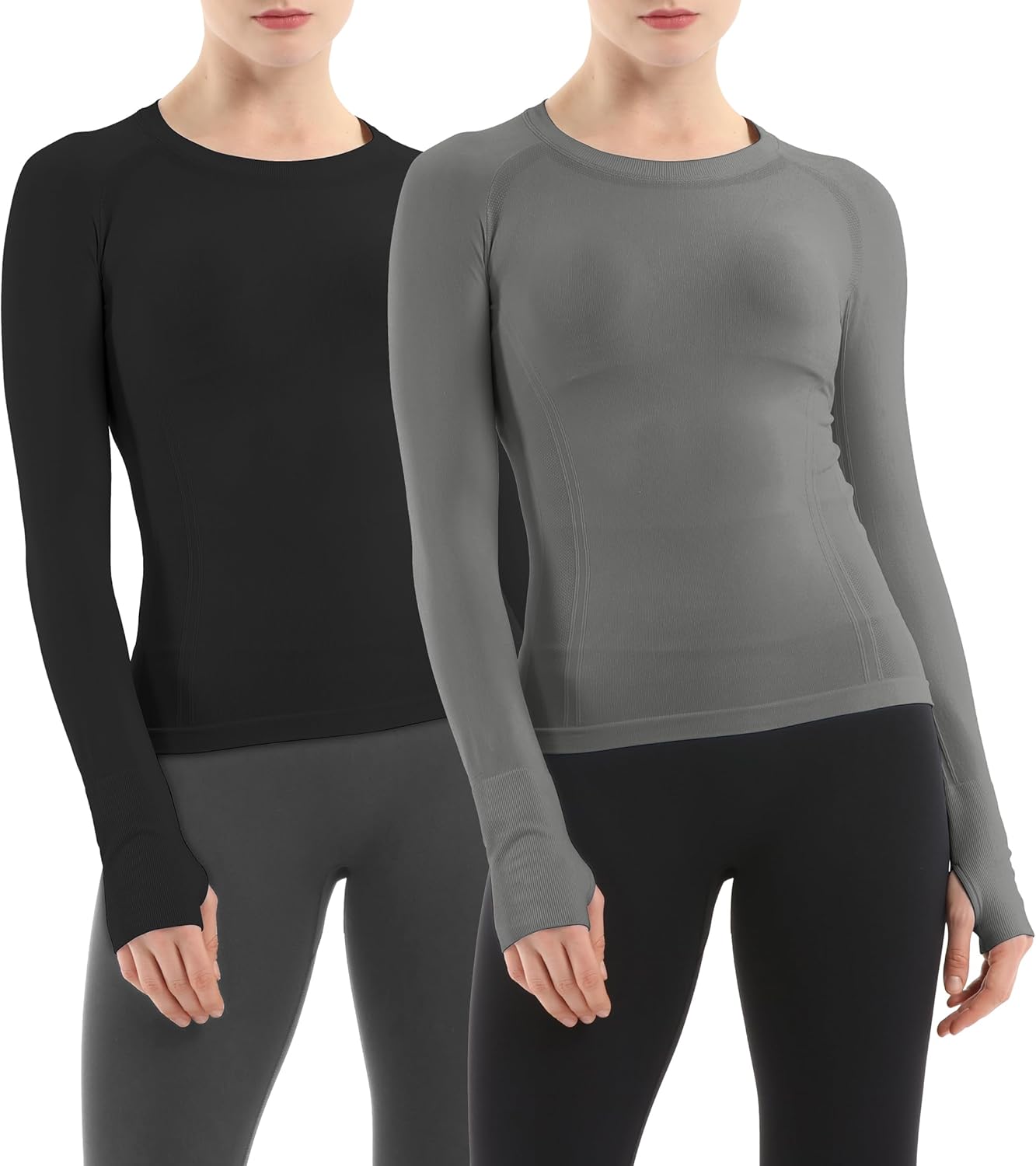 MathCat Seamless Workout Shirts for Women Long Sleeve Yoga Running Shirt Breathable Athletic Tops Slim Fit 2 Pack
