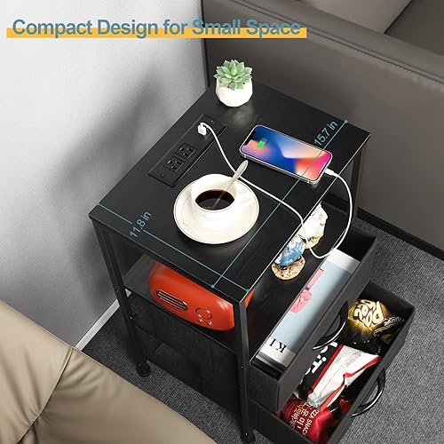 Miniatura 2 de ETELI Juego de 2 mesitas de noche negras con estación de carga, con cajones de tela y estante de almacenamiento, mesa auxiliar industrial con