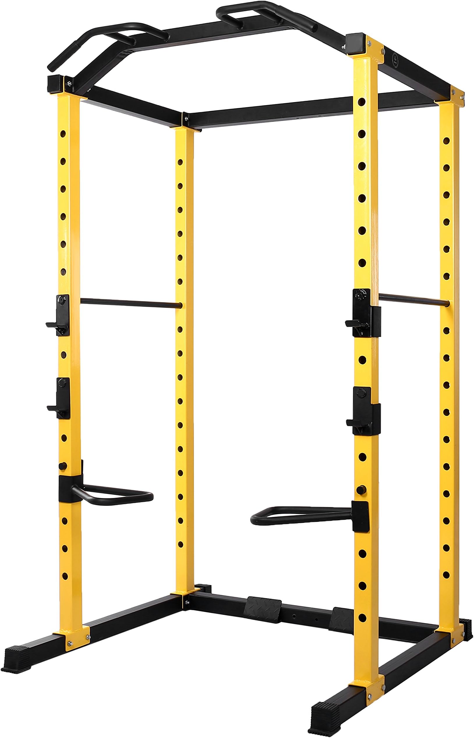 HulkFit 800-Pound Capacity Multi-Function Adjustable Power Cage with J-Hooks, Dip Bars and Other Optional Attachments, Yellow