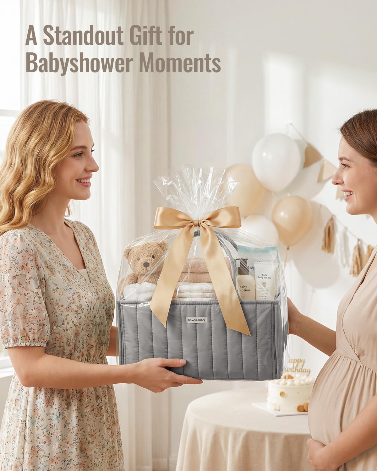 Blissful Diary Cestino per pannolini, per baby shower, per neonati o ragazze, organizer per pannolini, registro dei regali per neonati e neonati indispensabili, grigio chiaro