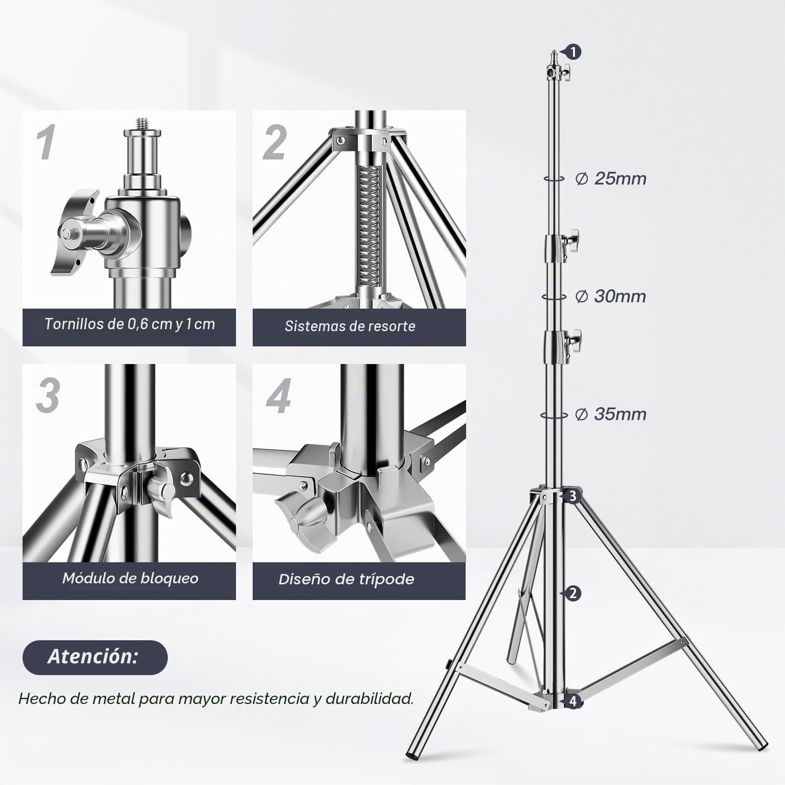 2,8 m Soporte de Luz de Acero Inoxidable, Soporte de Trípode Acolchado con Resorte de 1/4 "a 3/8" Adaptador Universal para Estudio de Fotografía Retrato