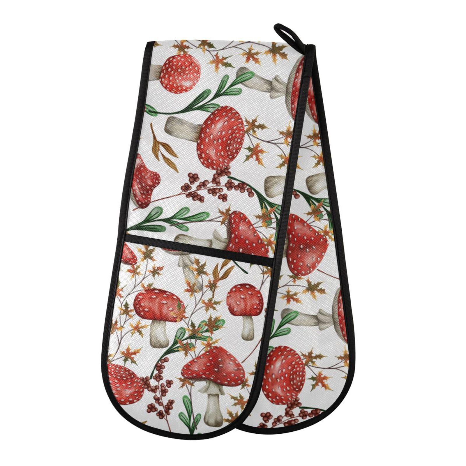 Double Oven Gloves Heat Resistant Mushroom Maple Double Oven Mitts Pot Holder Heat Protection Oven Gloves for Home Kitchen Baking Cooking BBQ Microwave