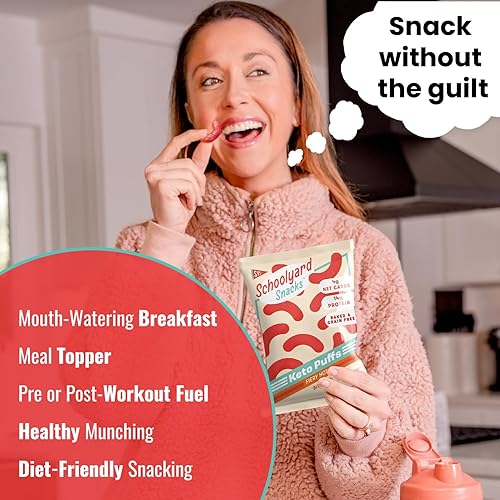 Miniatura 6 de Schoolyard Snacks Puffs de proteína baja en carbohidratos (paquete de 12, Fiery Hot) - Chips Keto, aperitivos altos en proteínas, bajo azúcar y