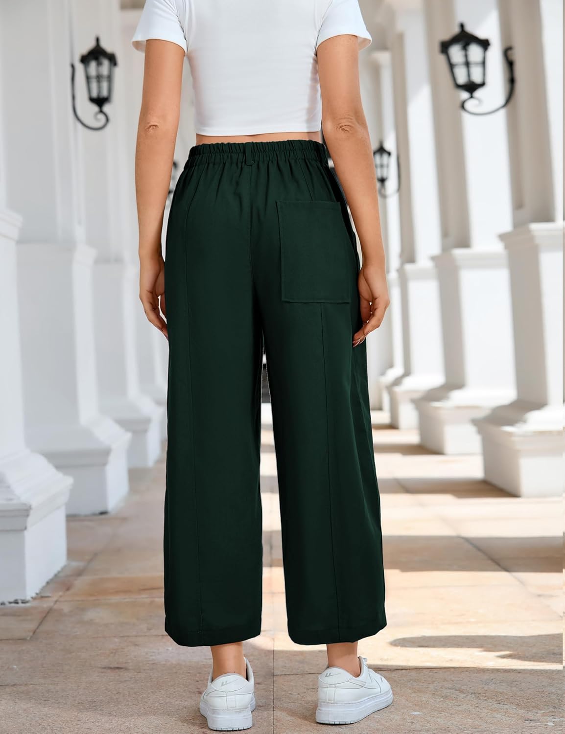 Xiaoxuemeng Linen Pants Women Wide Leg Capri Beach Pants Elastic Waisted Baggy Linen Trousers - Image 9