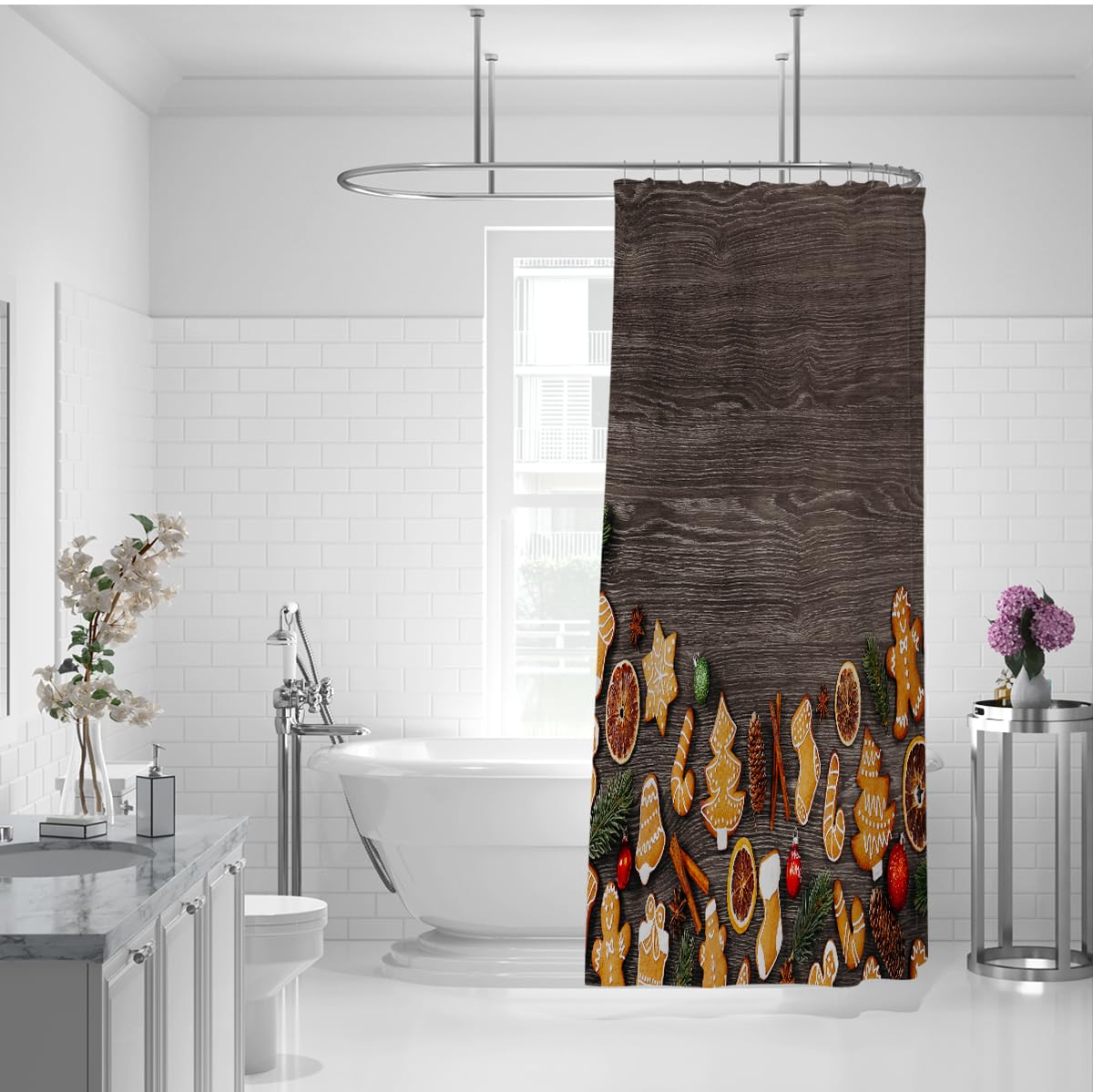 Świąteczne zasłony łazienkowe choinki cynamonowe laski suche pomarańczowe plastry kulki akcesoria łazienkowe zmywalne szybkoschnące 200 szer. x 200 cm poliester