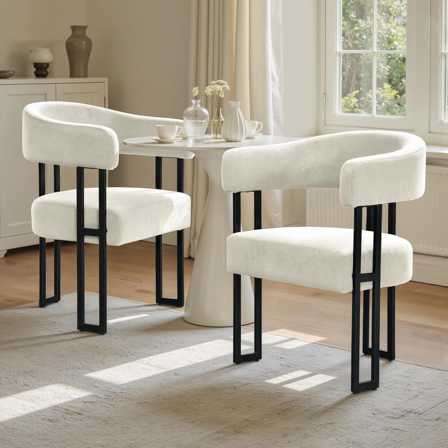 SIMTONAL Mid-Century Modern Dining Chairs Set of 2, Armrest Barrel Dining Chairs Side Accent Chairs with Curved Back, Upholstered Armchairs for Kitchen, Soft Teddy Fleece Surface, White