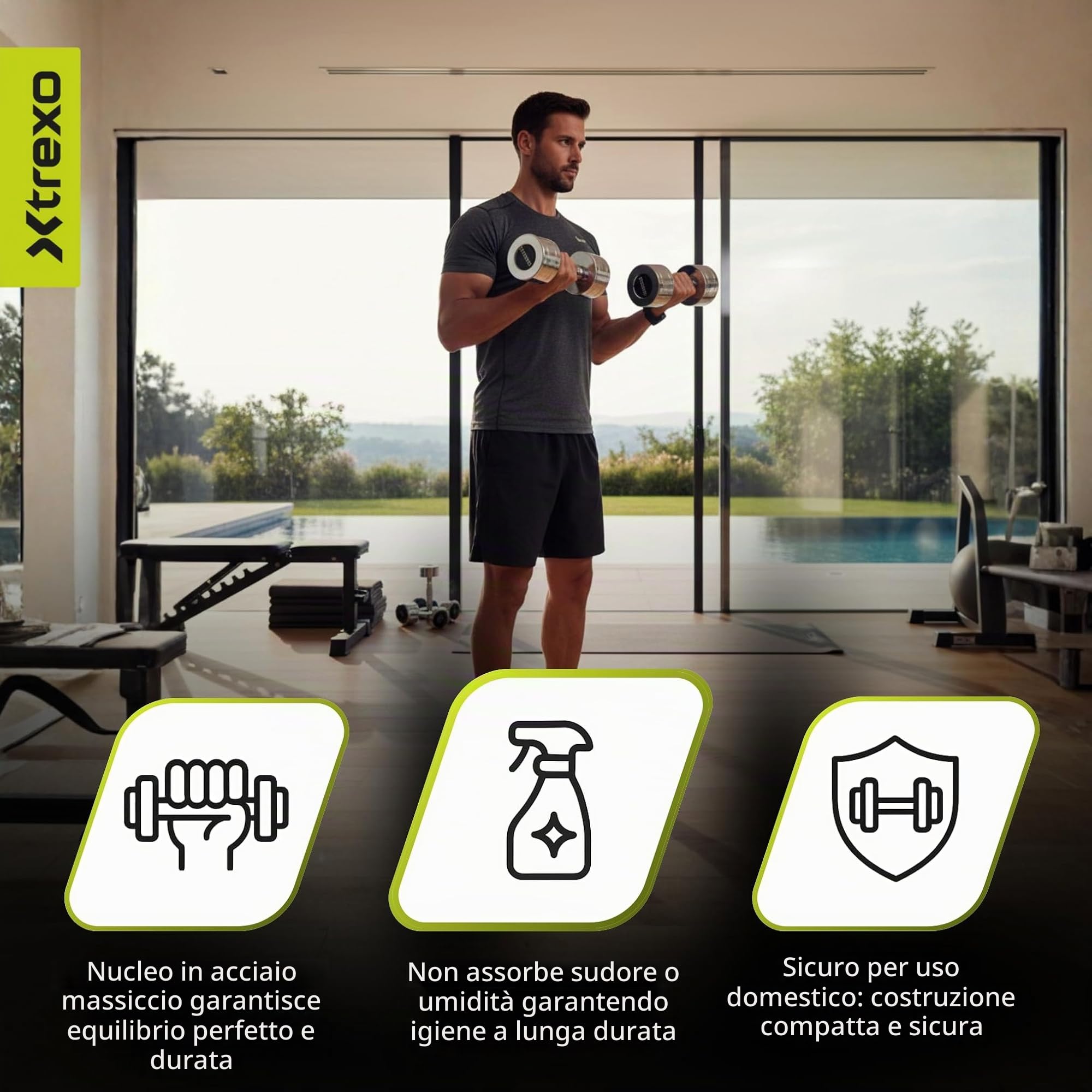 TREXO Set di manubri cromati da 2 x 7 kg, set di manubri in acciaio con manico antiscivolo, ideali per l'allenamento di forza, resistenza e funzionalità, perfetti per casa e palestra