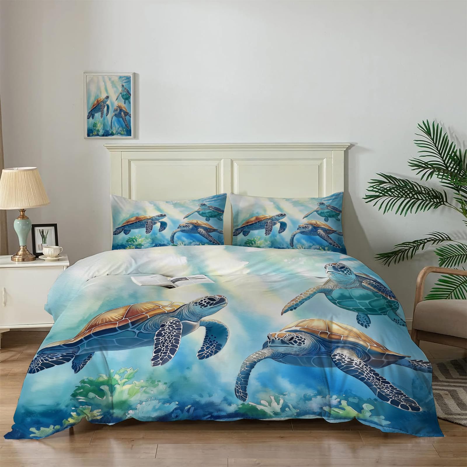 Housse de couette tortue pour lit enfant avec 2 taies d'oreiller en microfibre