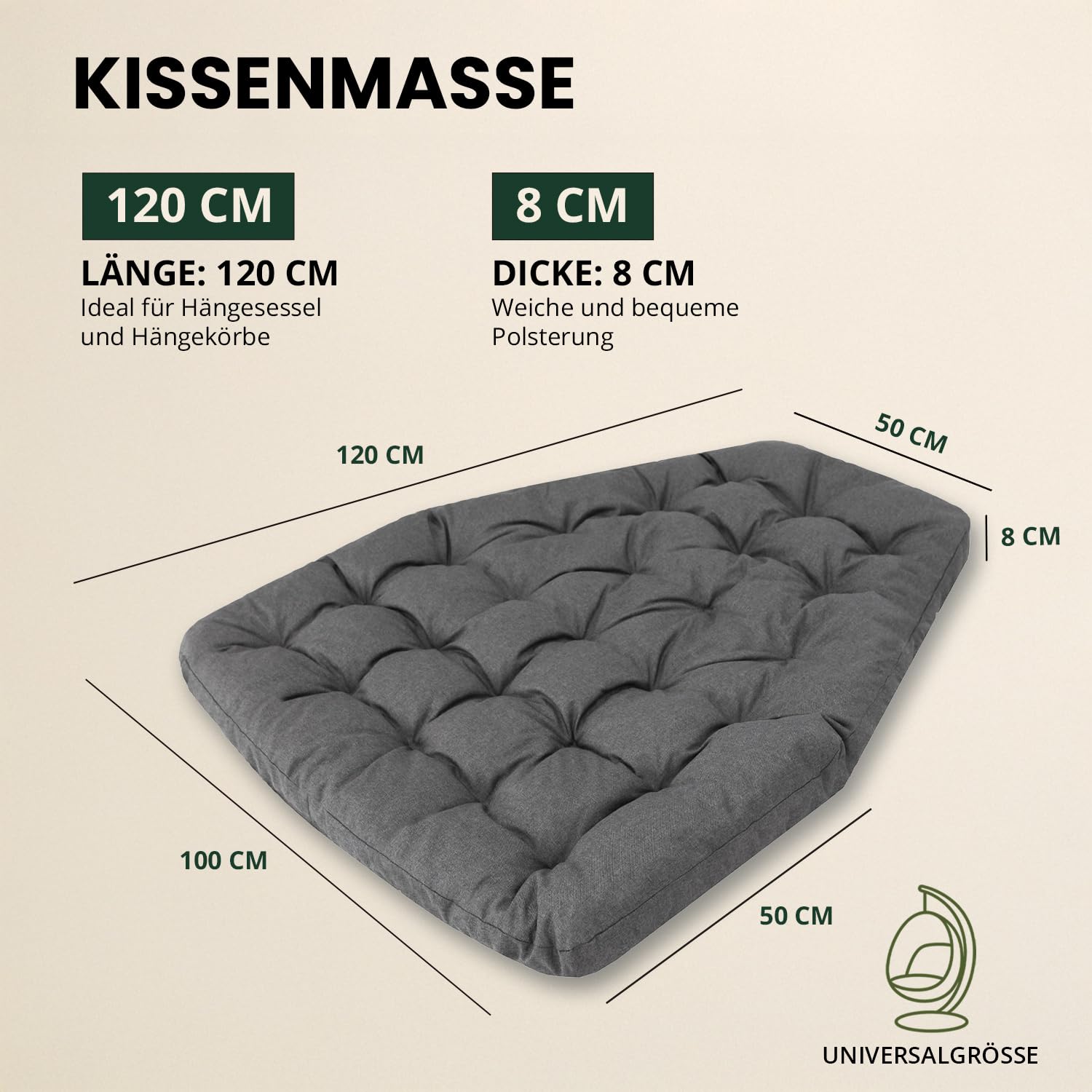 Bjird Hangstoelkussen, kussen voor polyrotan en rotan hangschommel, zitkussen voor hangmand, rond zitkussen, rugkussen, binnen en buiten