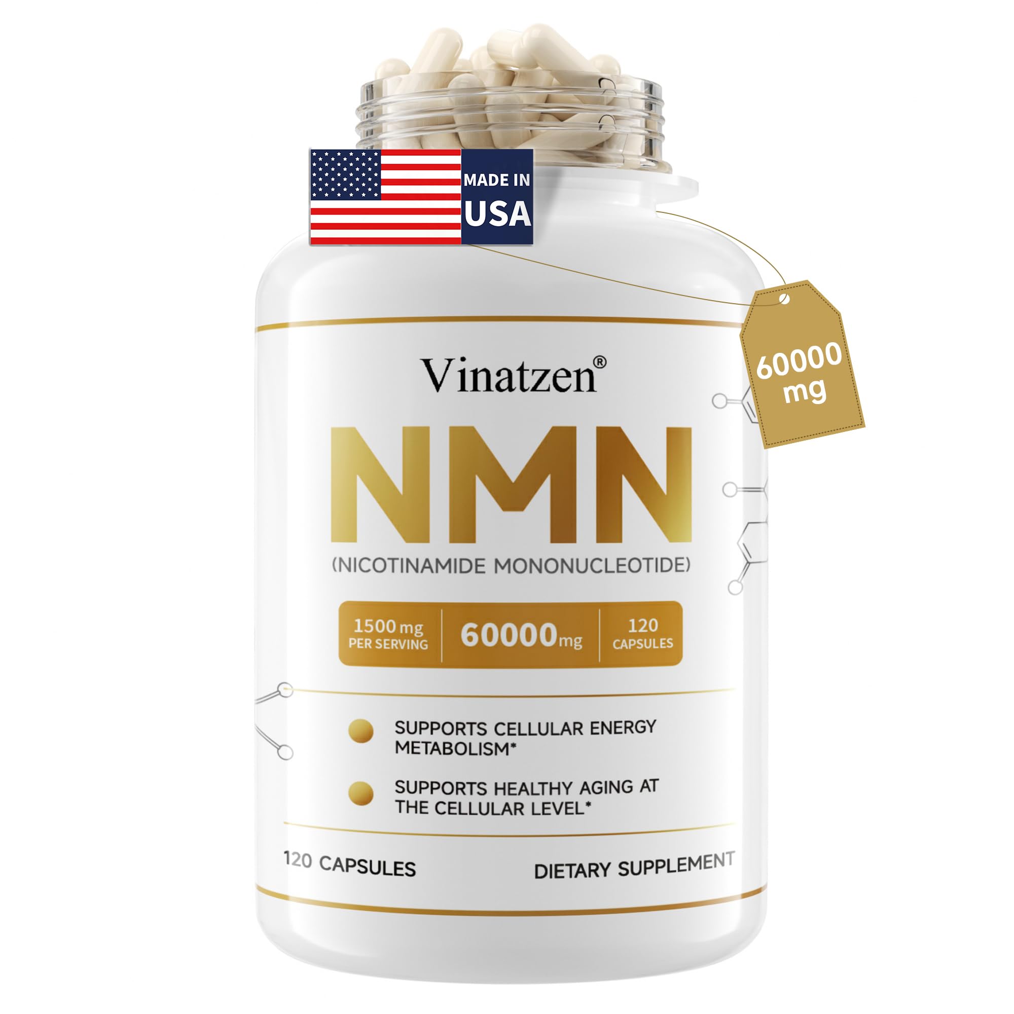 High Purity NMN 60000mg -Nicotinamide Mononucleotide Supplement for NAD+ Support - Cellular Energy&Vitality Boost - Made in USA -cGMP -120 Capsules 60-Days Supply