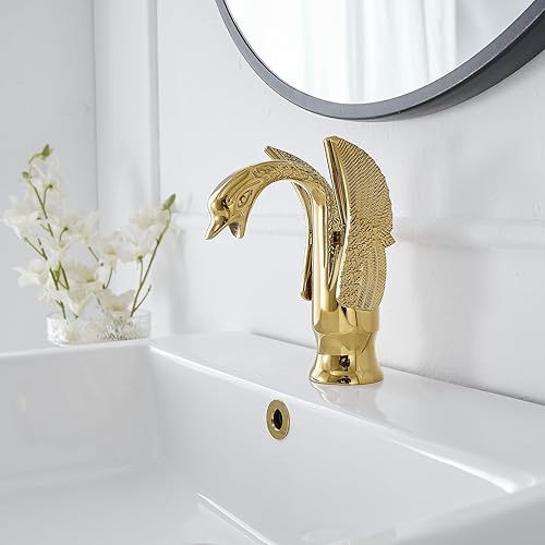Miniatura 3 de Grifo para lavabo de baño, grifo de cisne dorado, de un solo agujero, grifo mezclador de lavabo con desagüe emergente a juego con desbordamiento y