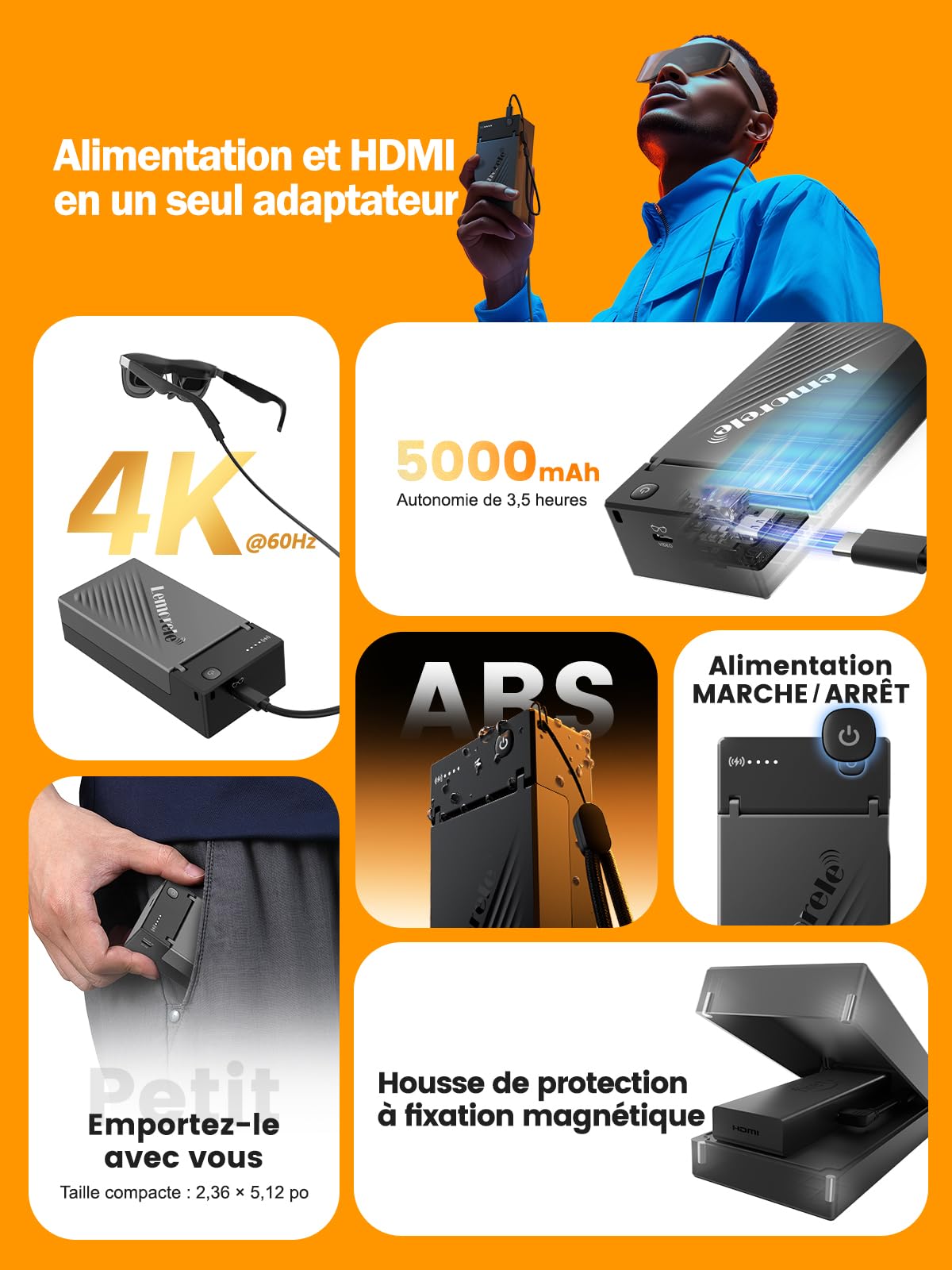 Lemorele Adaptateur HDMI vers USB-C 5000 mAh, Compatible avec Fire TV Stick