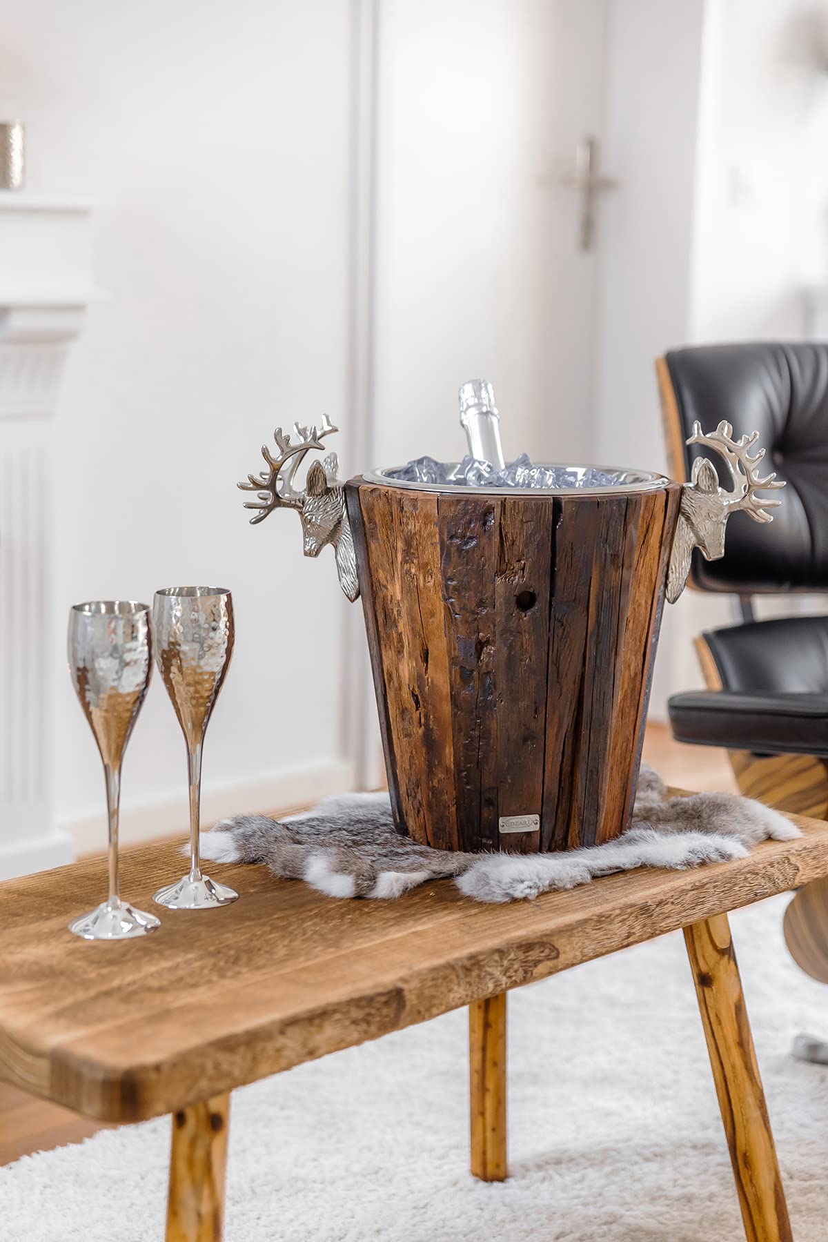 EDZARD Enfriador de Botellas Milwaukee, Altura 29 cm, Madera, con inserción de Acero Inoxidable, Asas con diseño de Cabeza de Ciervo, Enfriador de champán, Enfriador de Vino