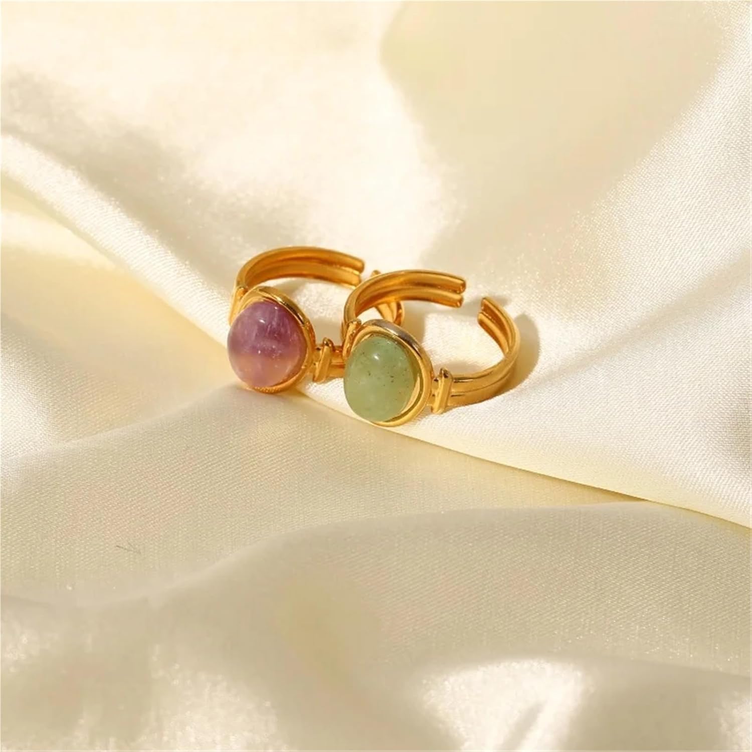Stainless Steel Ring Oval Semi-precious Stone Opening Ring Jewelry Gift 1Pcs