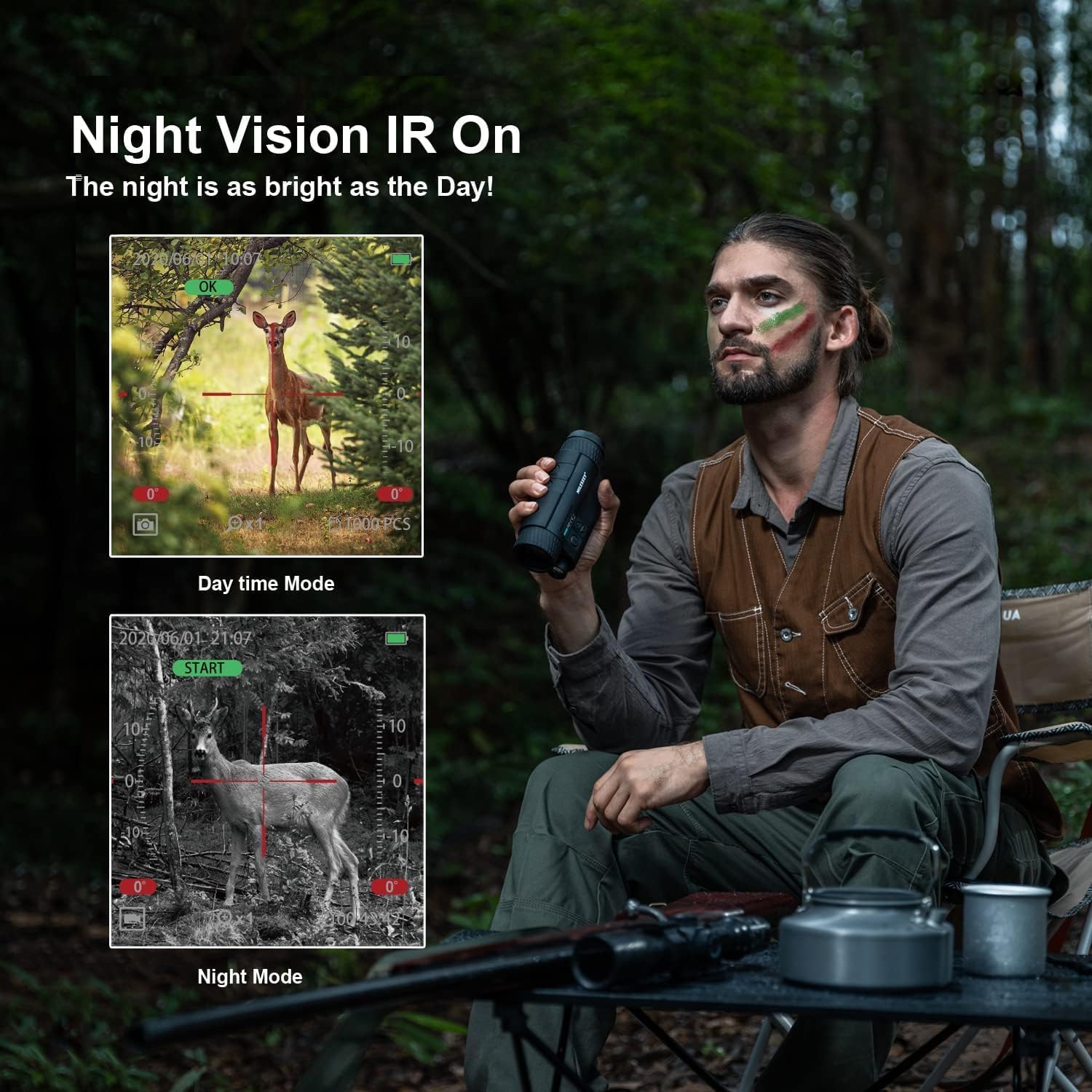 Comparison of day mode and night vision IR on mode using the MILESEEY NV20 monocular, showing a deer in both conditions.