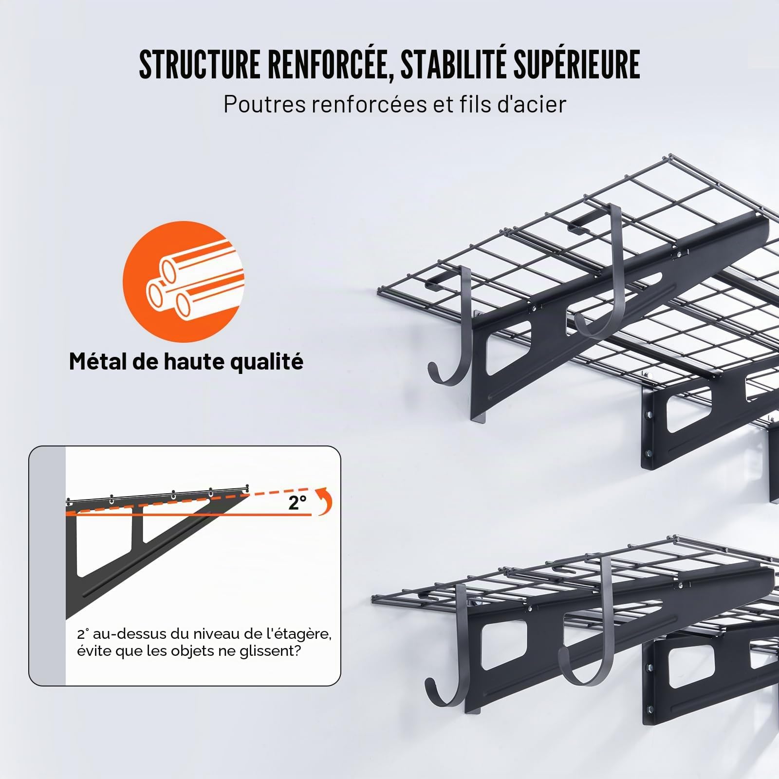 VEVOR Étagère Murale Flottante de Rangement Garage 122x61 cm Lot de 2 Grande Surface Utilisable Capacité de Charge 113,4 kg par Étagère Suspendue d'Outils Métallique pour Magasins, Garages, Entrepôts