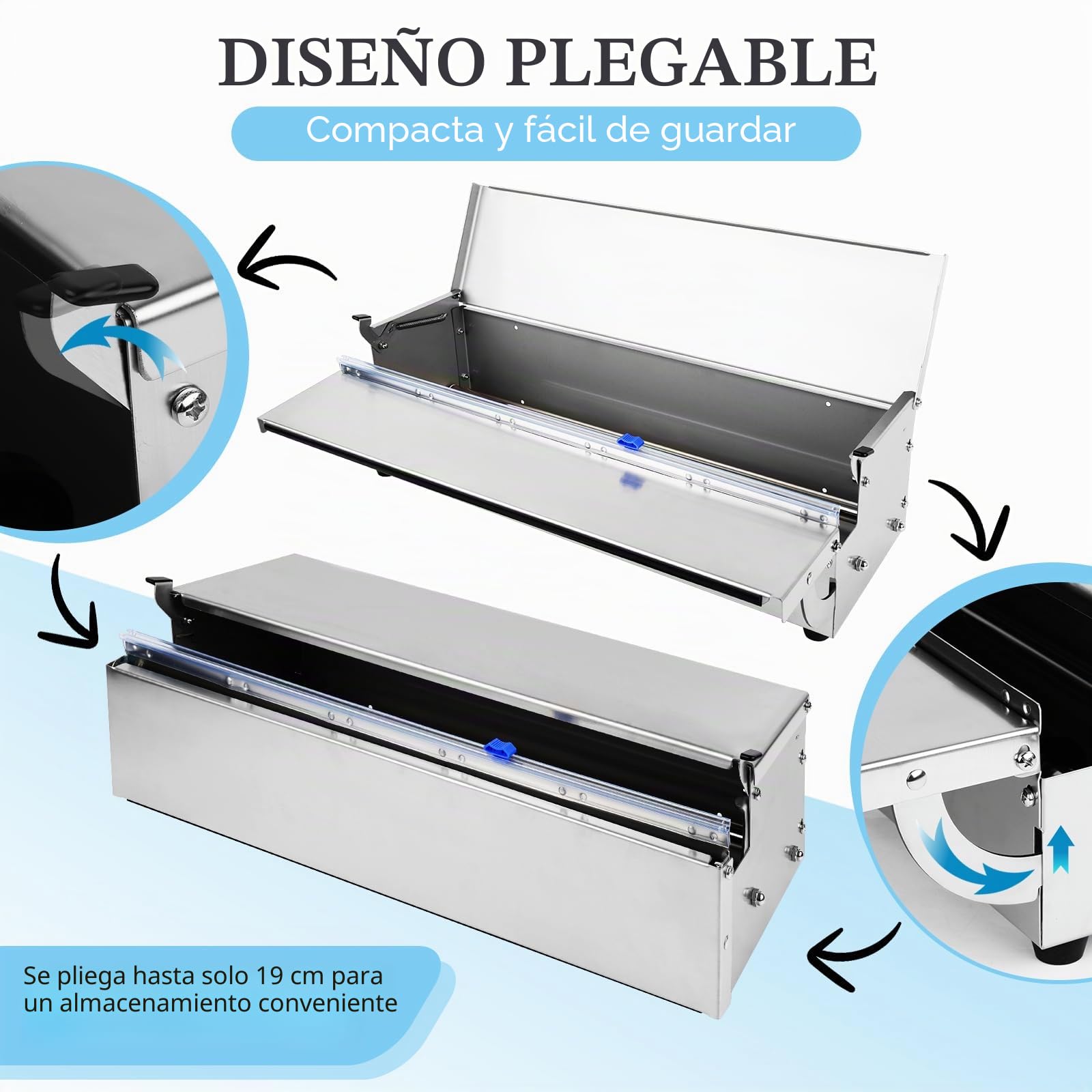 Dispensador de Film de Acero Inoxidable para Film Alimentario & Aluminio | Dispensador de Film de 45 cm, Plastic Wrap Dispenser con Cortador, Higiénico y a Prueba de Polvo, Plegable con 2 Cuchillas