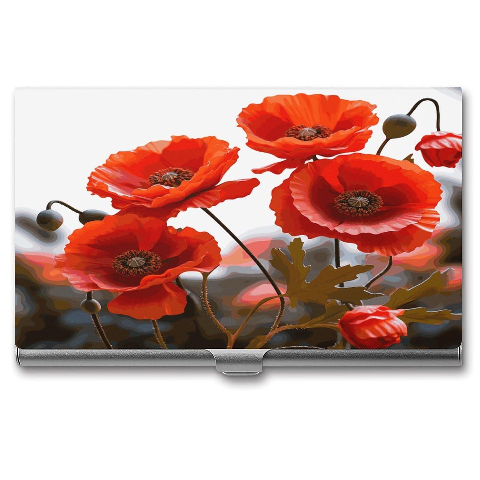 LDGSUPH Poppy Flowers Vivid Petals Business Card Holder Fashion Slim Name Card Holder Minimalist Design Case Metal Card Carrier Personalized Business Card Case with Flip for Men Women