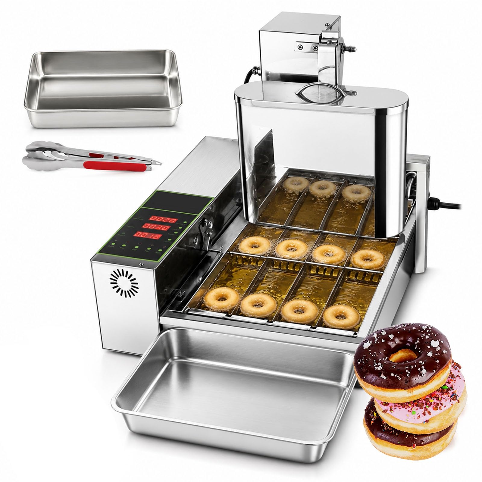 Máquina automática comercial de donas de 2000 W, mini dona de 4 filas con panel de control LED inteligente, 1800 unidades/h de alta salida, transportador automático abatible, ajuste de grosor de 5