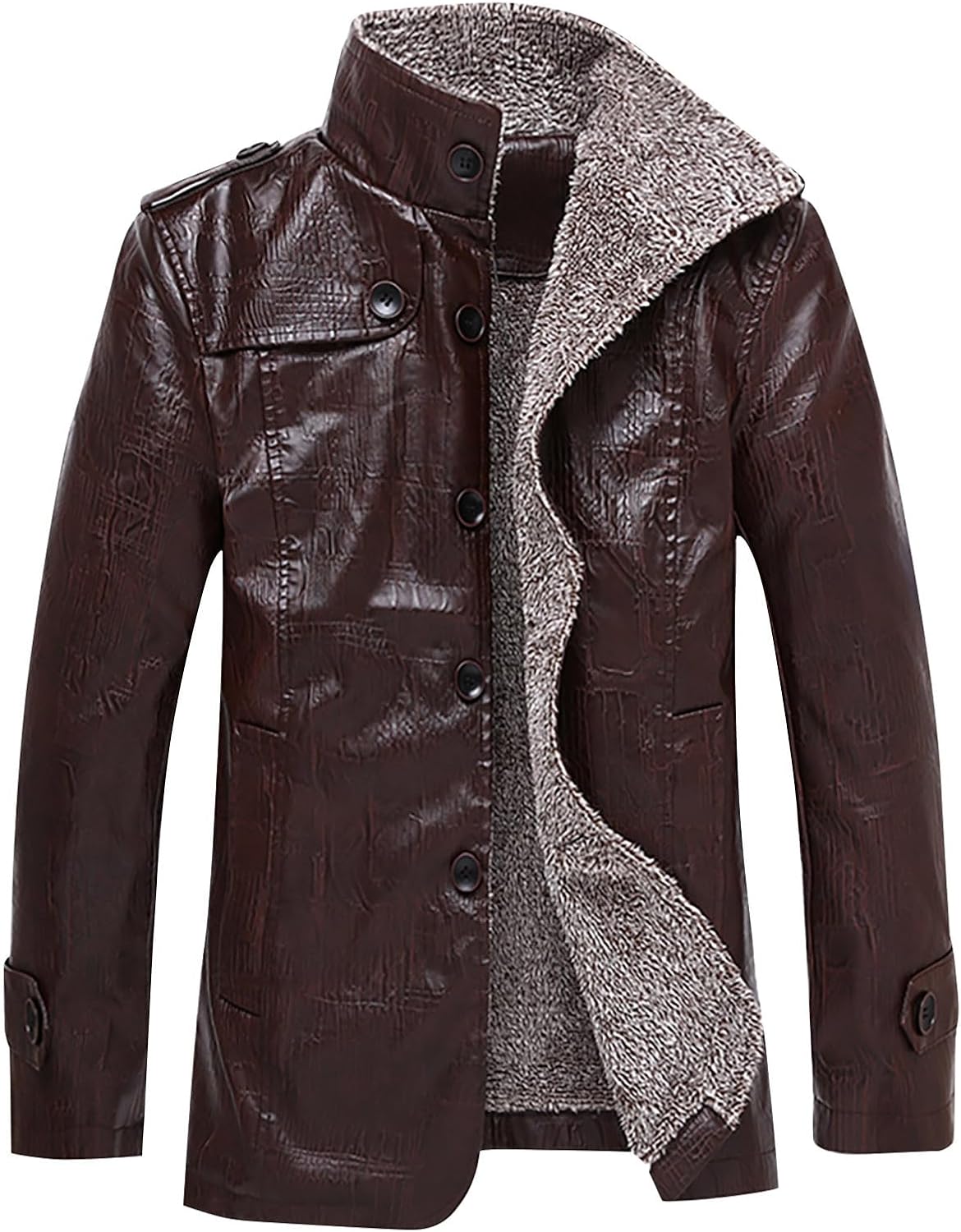 Akklian Men's Vintage Button Faux Leather Jacket, Stand Collar Plush Leather Jacket Men Thicken Warm Sheepskin Leather Coat