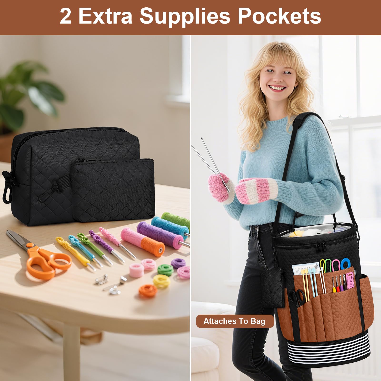 IBFUN Häkelgarn, Stricktasche, 3 Stück, erweiterbarer Garnaufbewahrung, Organizer, Häkeltasche mit Zubehörhüllen, verstellbarer Riemen für Haken, Nadeln, Zubehör, Häkelliebhaber, Zubehör, Anfänger