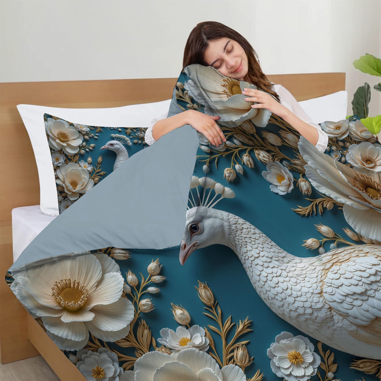 Copripiumino Matrimoniale Lusso Sollievo Floreale, Set di Biancheria da Letto Microfibra 3 Pezzi, Parure Copri Piumino 220x240cm e 2 Federa 50x75, Bianco Copritrapunta con Cerniera