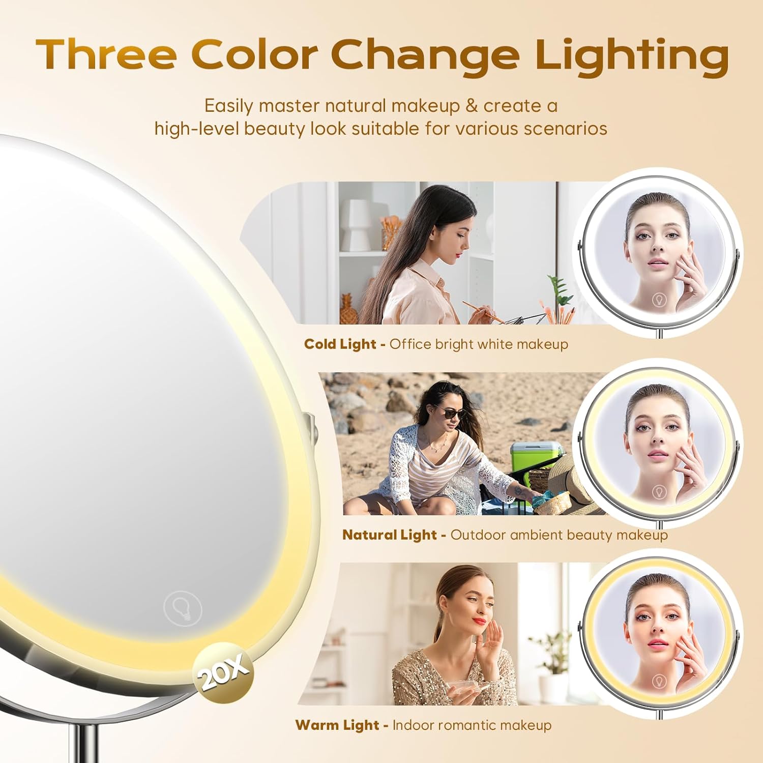 9 Makeup Mirror with Lights, 20X Vanity Mirror with Lights,3 Color Height Adjustable Lighted Makeup Mirror with Magnification, 5000mAh Rechargeable 360° Double Sided LED Mirror for Desk, Women Gift