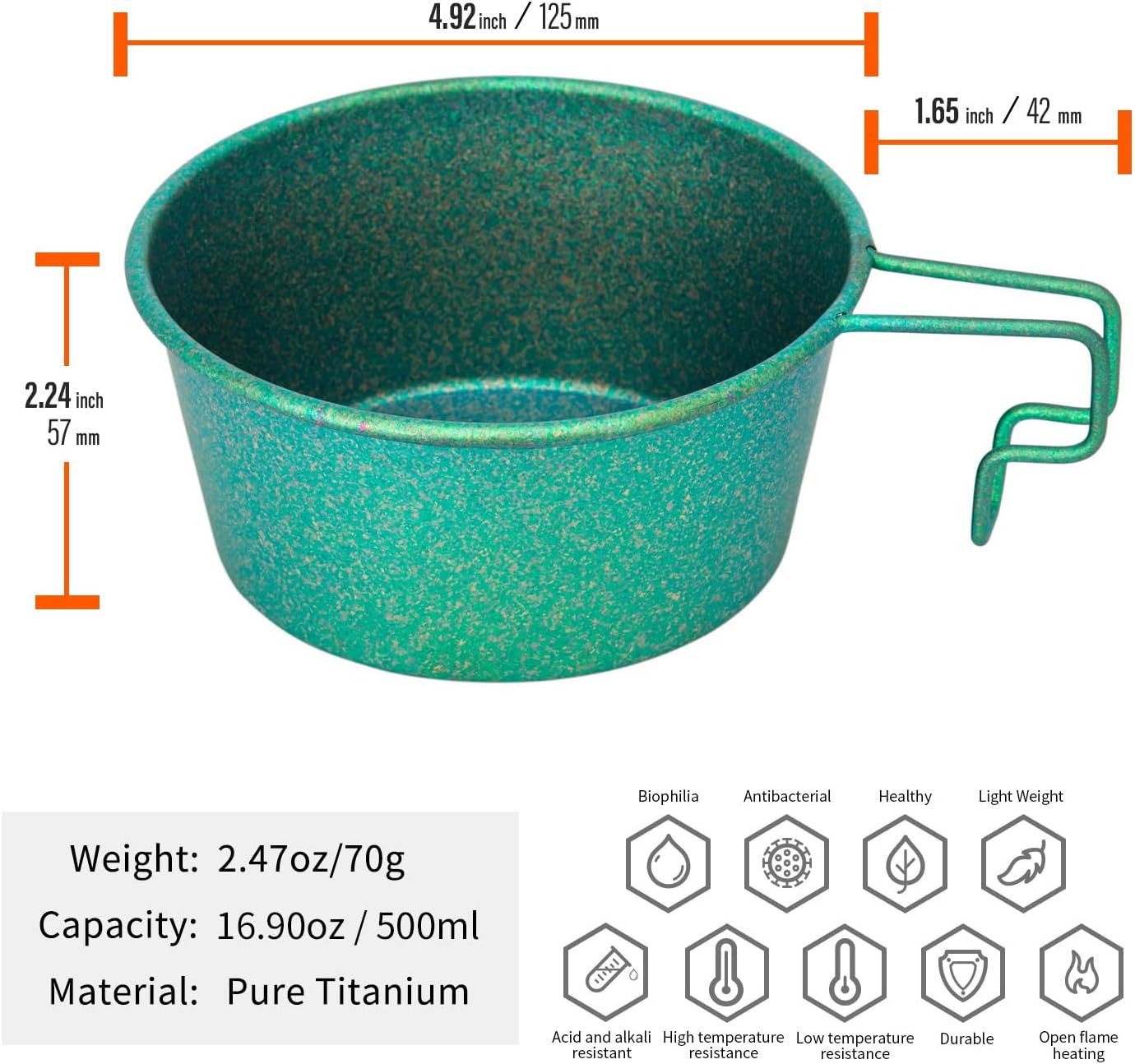 TiTo Titanium 500ML Titanium Sierra Cup Bowl with Handle Portable Lightweight Cookware for Outdoor Camping, Hiking, Backpacking, Picnic, BBQ Kitchen Tableware (Green)