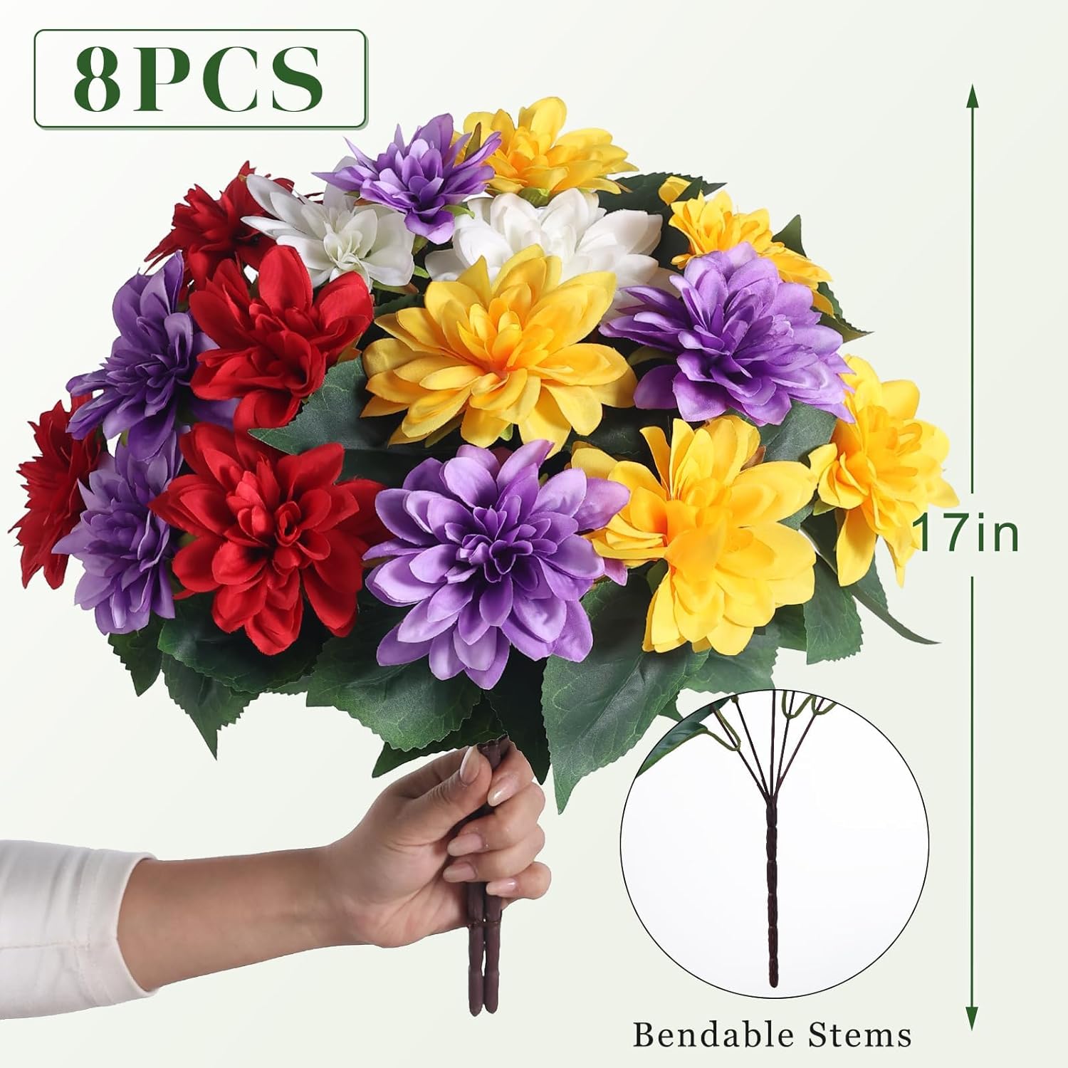 VIERENA 8 Bundles Artificial Dahlia Flowers for Outdoors Spring Summer Decor, No Fade Silk Flower Faux Dahlias Plant Arrangement for Home Garden Balcony Farmhouse（Mixed Color）