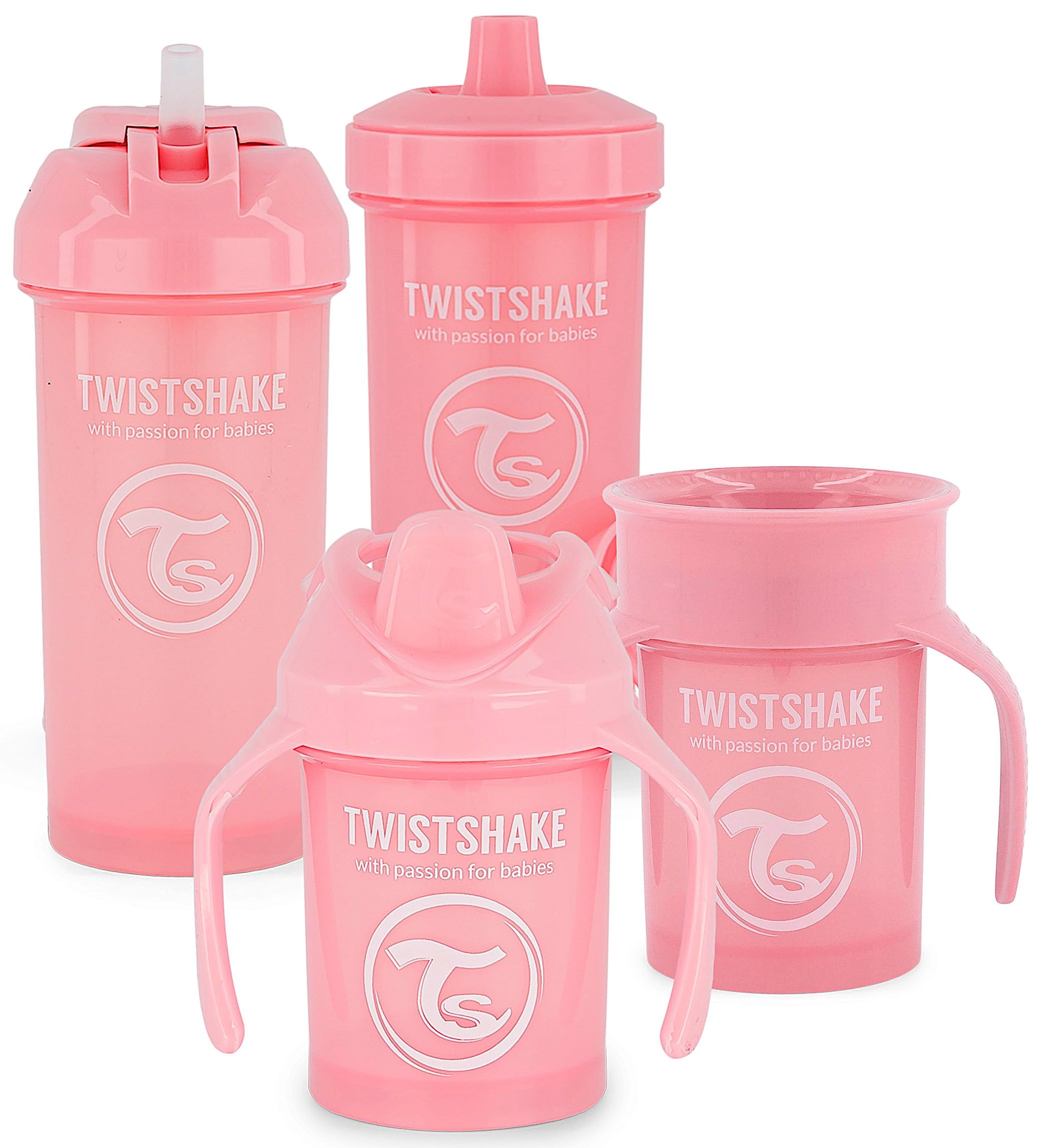 Twistshake Baby Sippy Cup Set - 4 Pieces | 1 x 360 Cup - 1 x Mini Cup - 1 x Straw Cup - 1 x Kid Cup | Baby Drinking Cup | Leak-Proof Baby Water Bottles | BPA-Free Leak-Proof Cup | 4+ Months | Pink