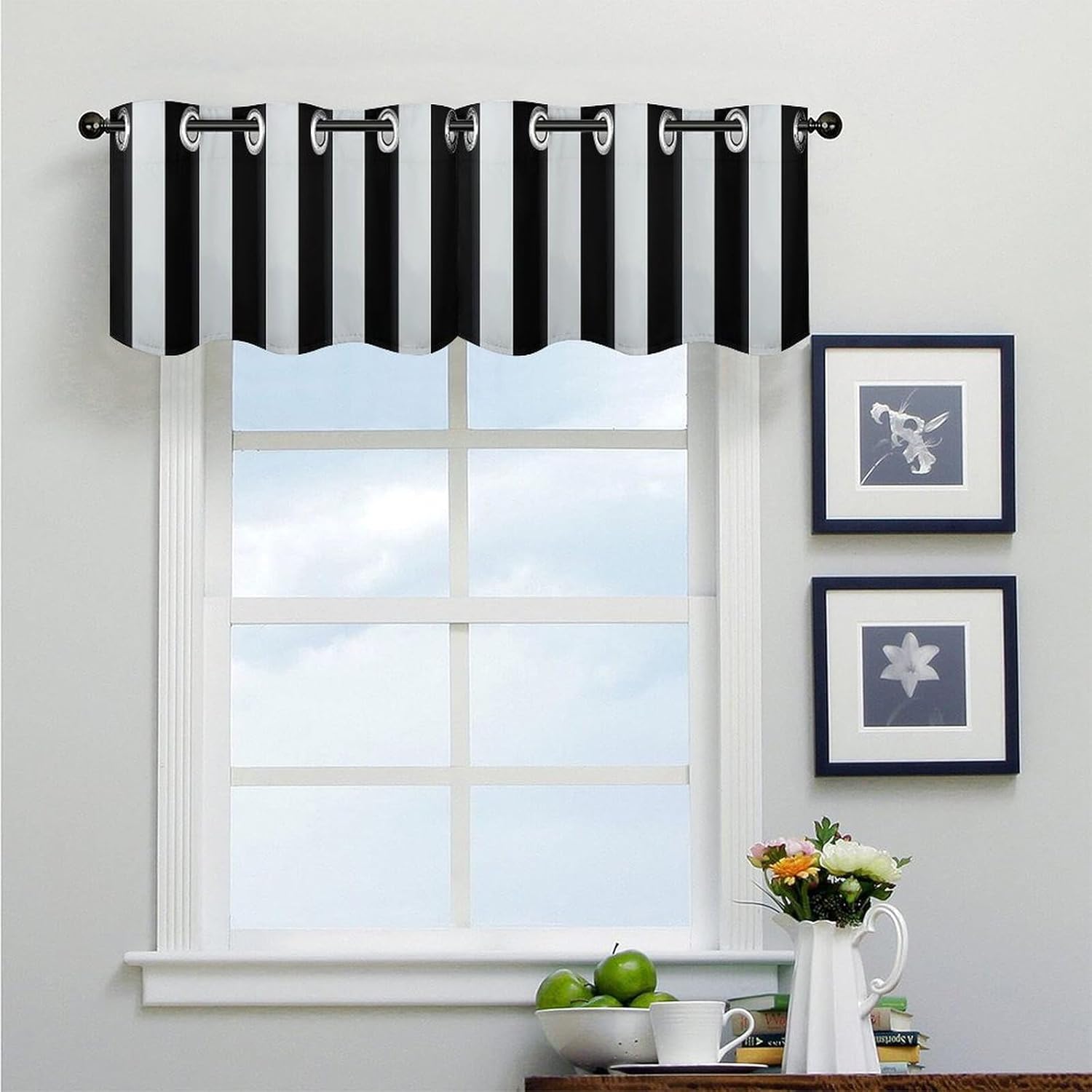 Black and-White Stripes Valance for Windows, 2 Pack Kitchen Curtains Modern Home Decor, Soft Blackout Window Curtains for Living Room & Bedroom, 18 X 52 Inch