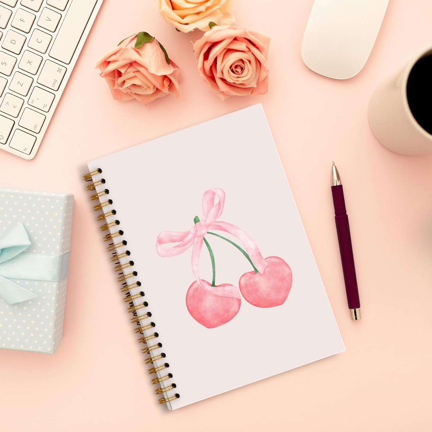Foritho Pink Coquette Bow Cherry Notebook, Coquette Cherry Bow Girly Aesthetic Journal for Writing, Preppy Office Supplies, Pink Spiral Notebook 5.5x8.3 Inch - Image 3