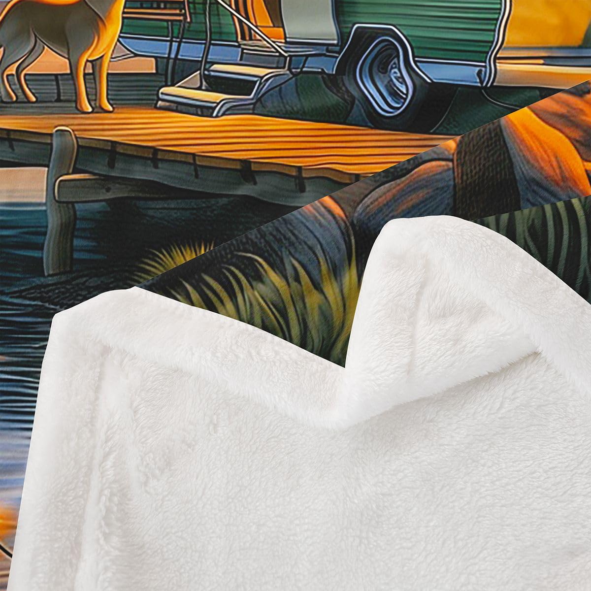 Homewish Koc polarowy do kampera, podwójny, 152 x 203 cm, ognisko, pomarańczowy, zachód słońca, obóz, ciepły, pluszowy koc sherpa, szczęśliwy kemping, do kampera, puszysty, pluszowy, wiejski, łódź