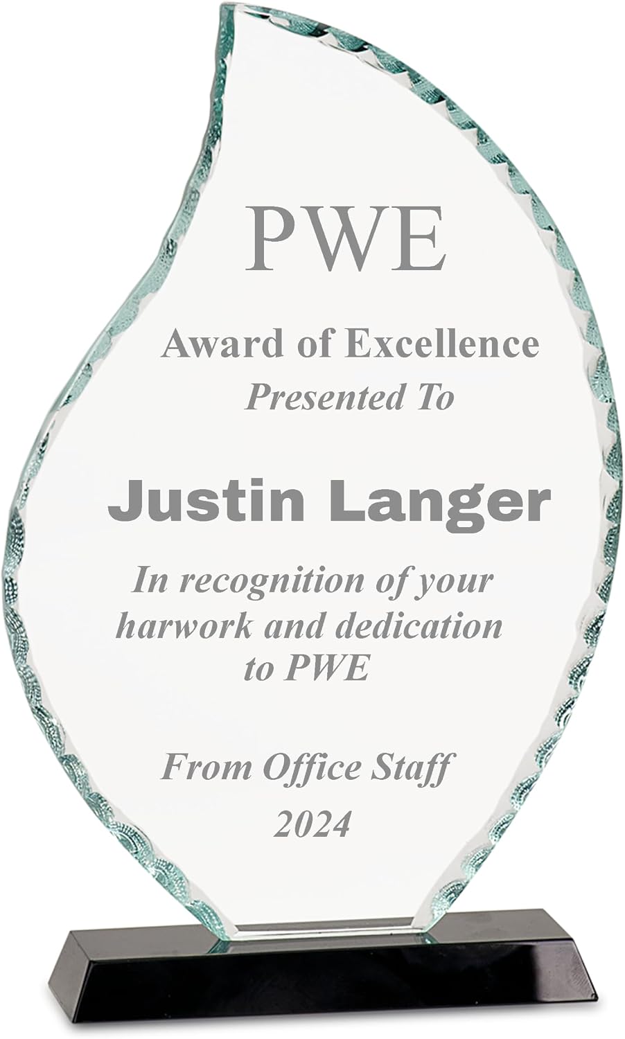 PW Engraving Flame Glass Plaque Award, Personalized Glass Award, Engraved Glass Trophy, Achievement Award, Corporate Award, Employee Recognition, Glass Trophy Award, Retirement Award