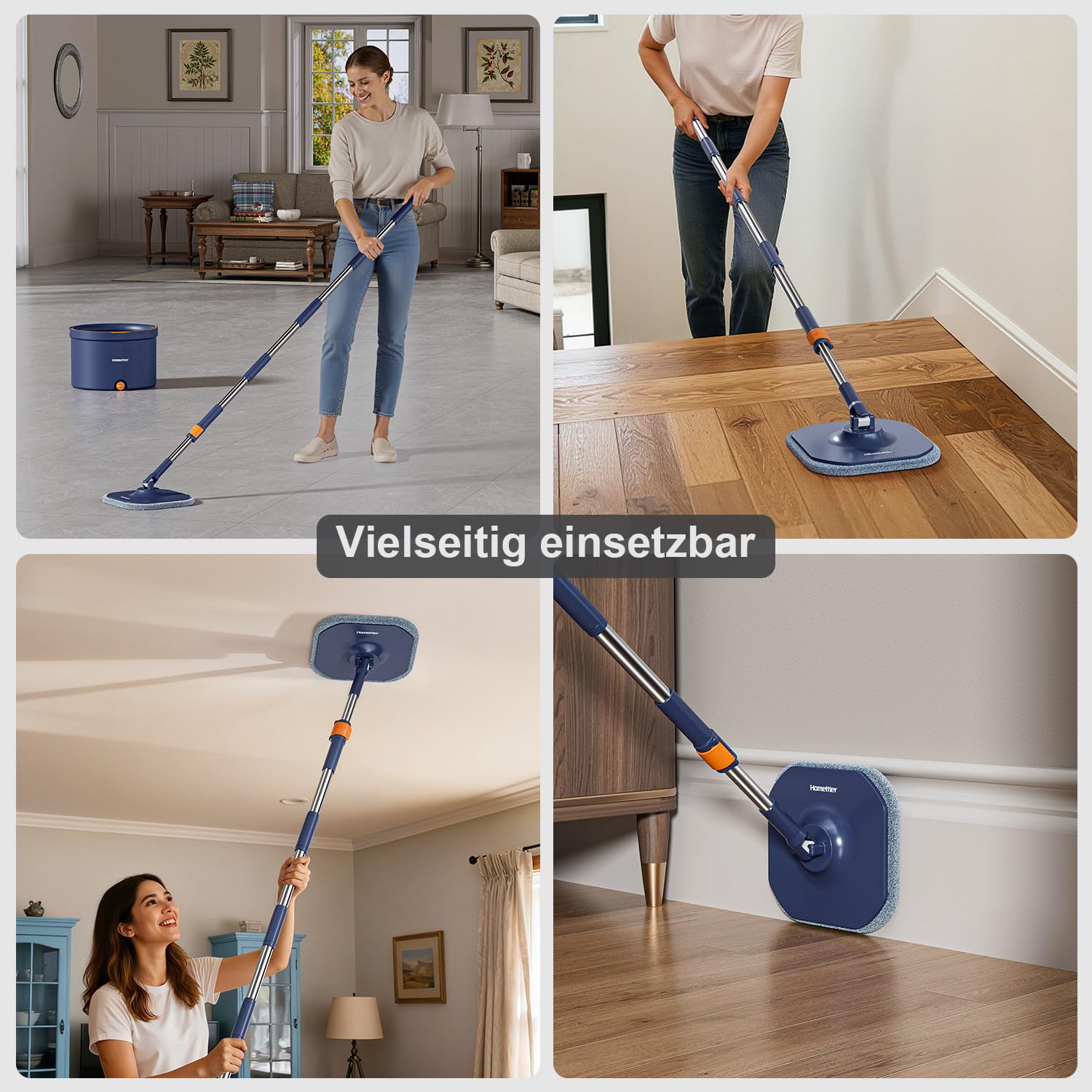 HoMettler Wischmopp Set mit Eimer, 2-Kammer System für Sauber- und Schmutzwasser Trennung, Bodenwischer mit 360° Drehkopf, Teleskopstiel aus Edelstahl, 4 waschbare Mikrofaser Pads, für alle Hartböden